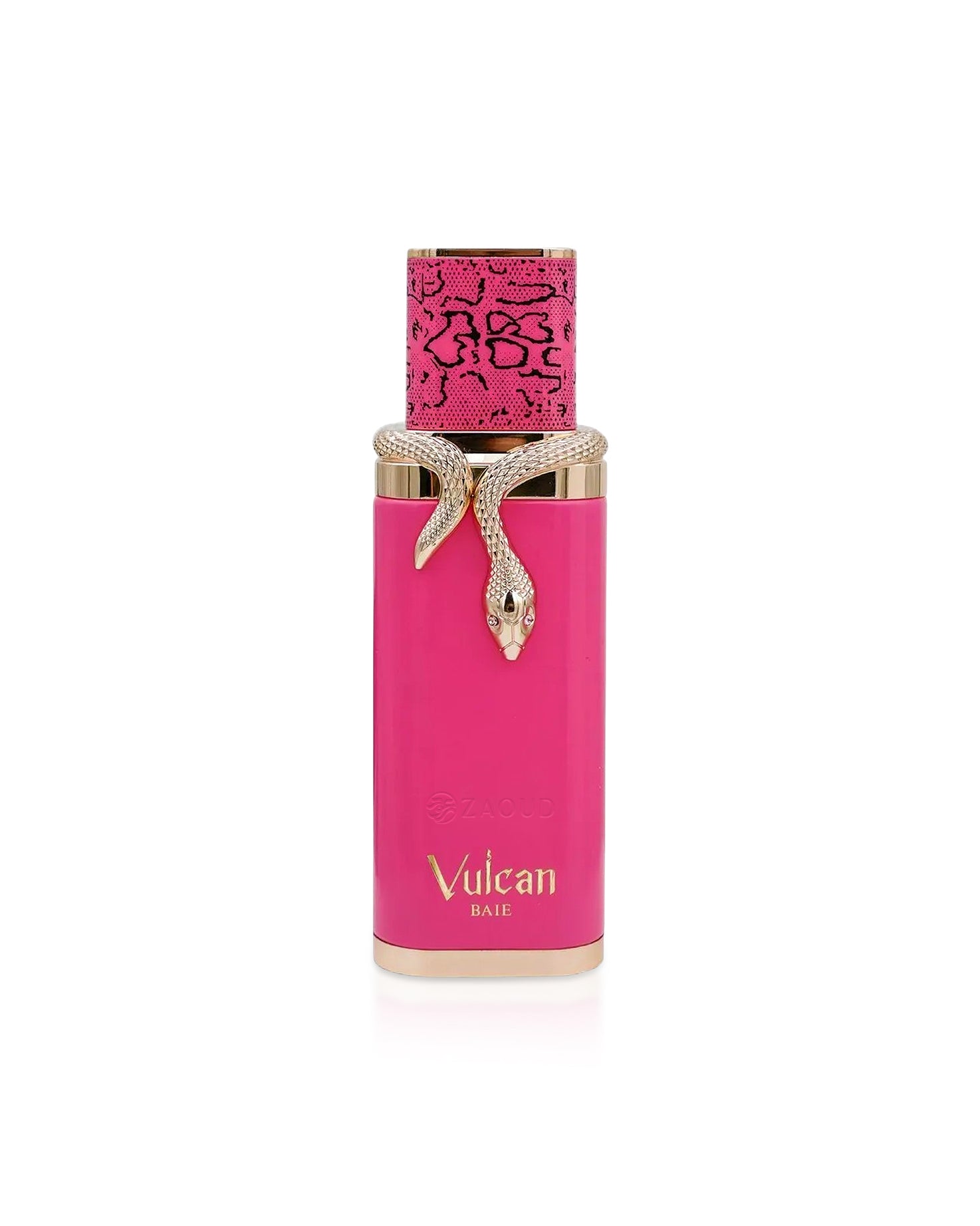 french avenue vulcan baie Pink perfume bottle with gold accents and 'Vulcan' branding on a white background