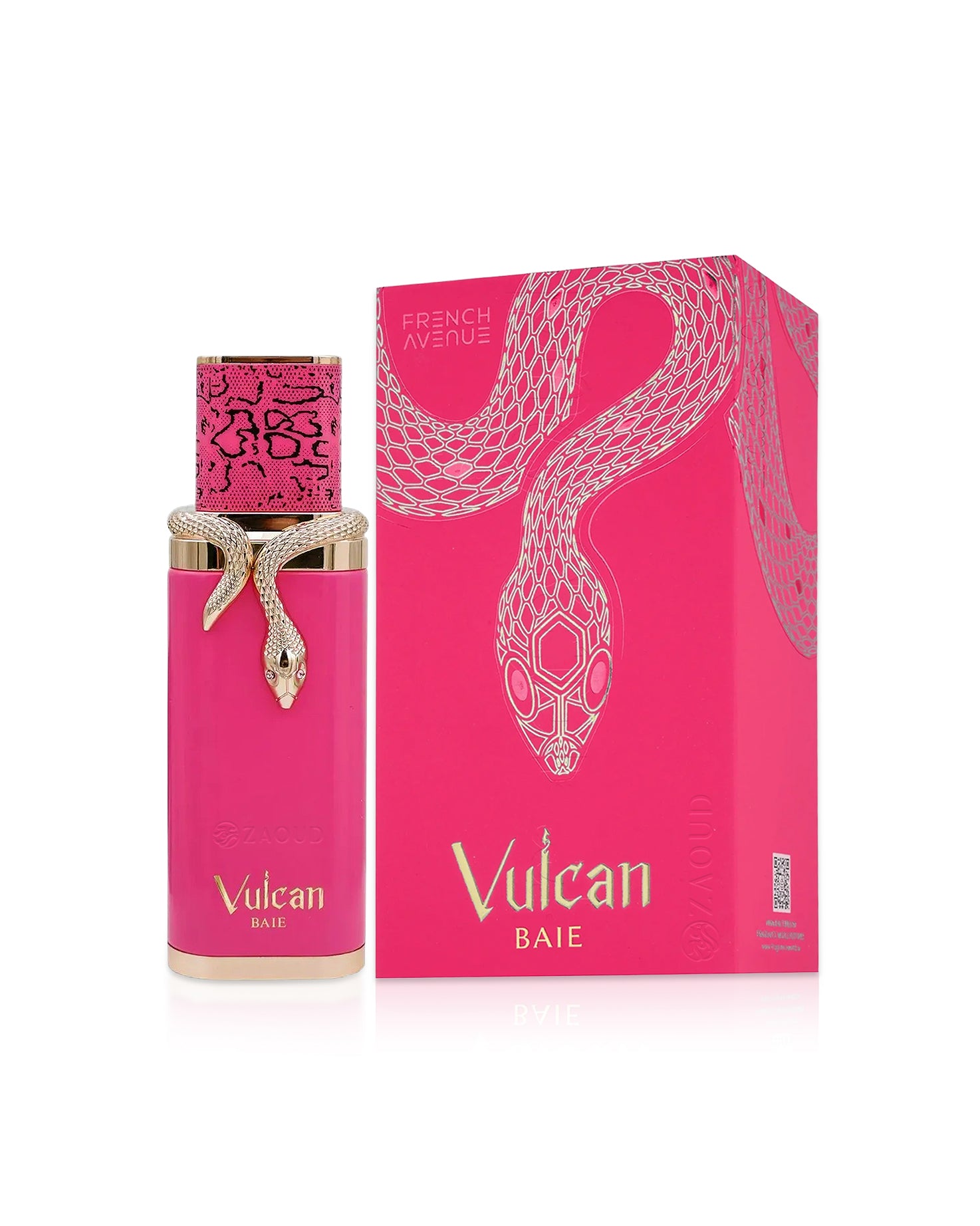 french avenue vulcan baie Pink perfume bottle and packaging with snake design on a white background