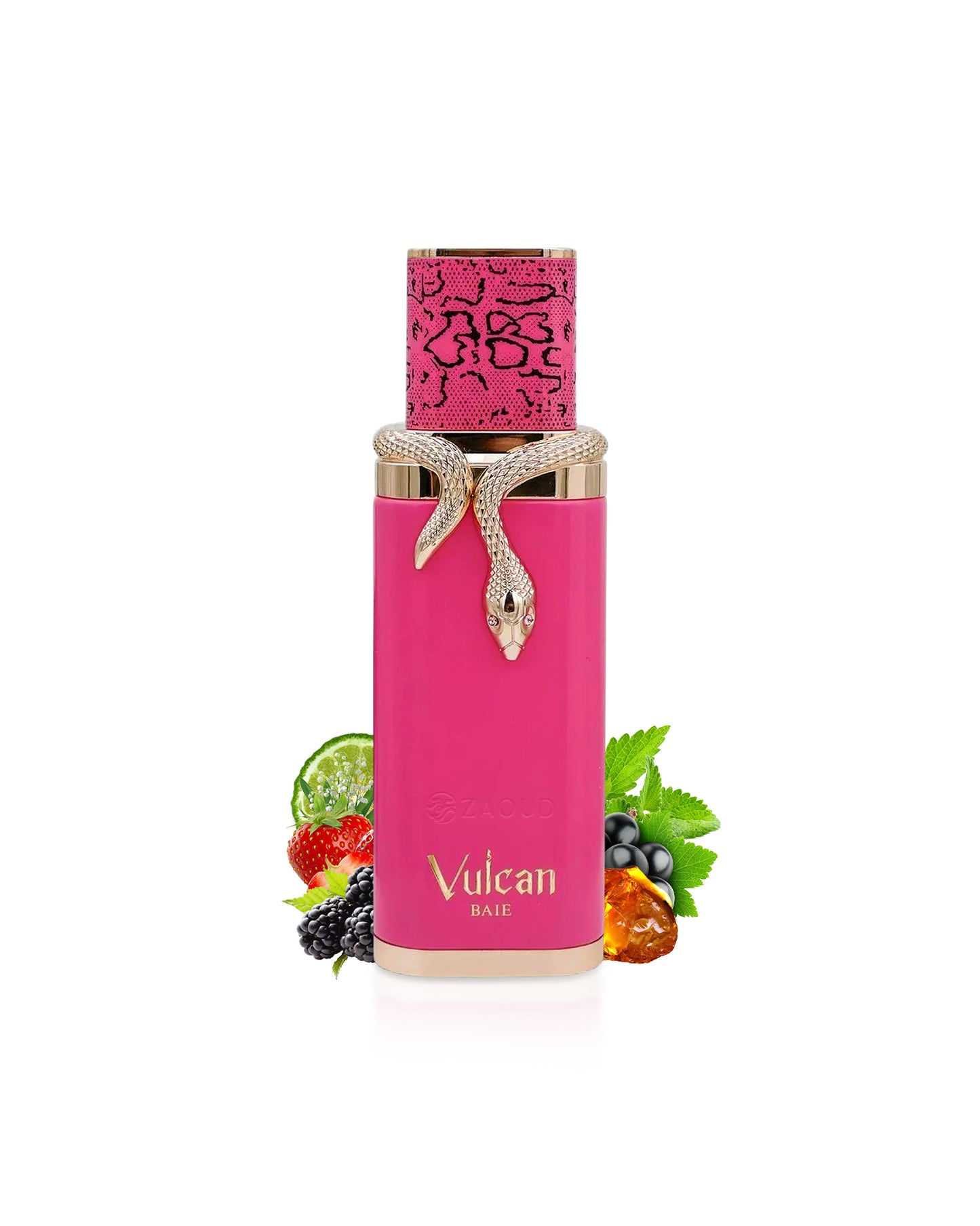 french avenue vulcan baie Pink perfume bottle with decorative elements like blackberry and amber on a white background
