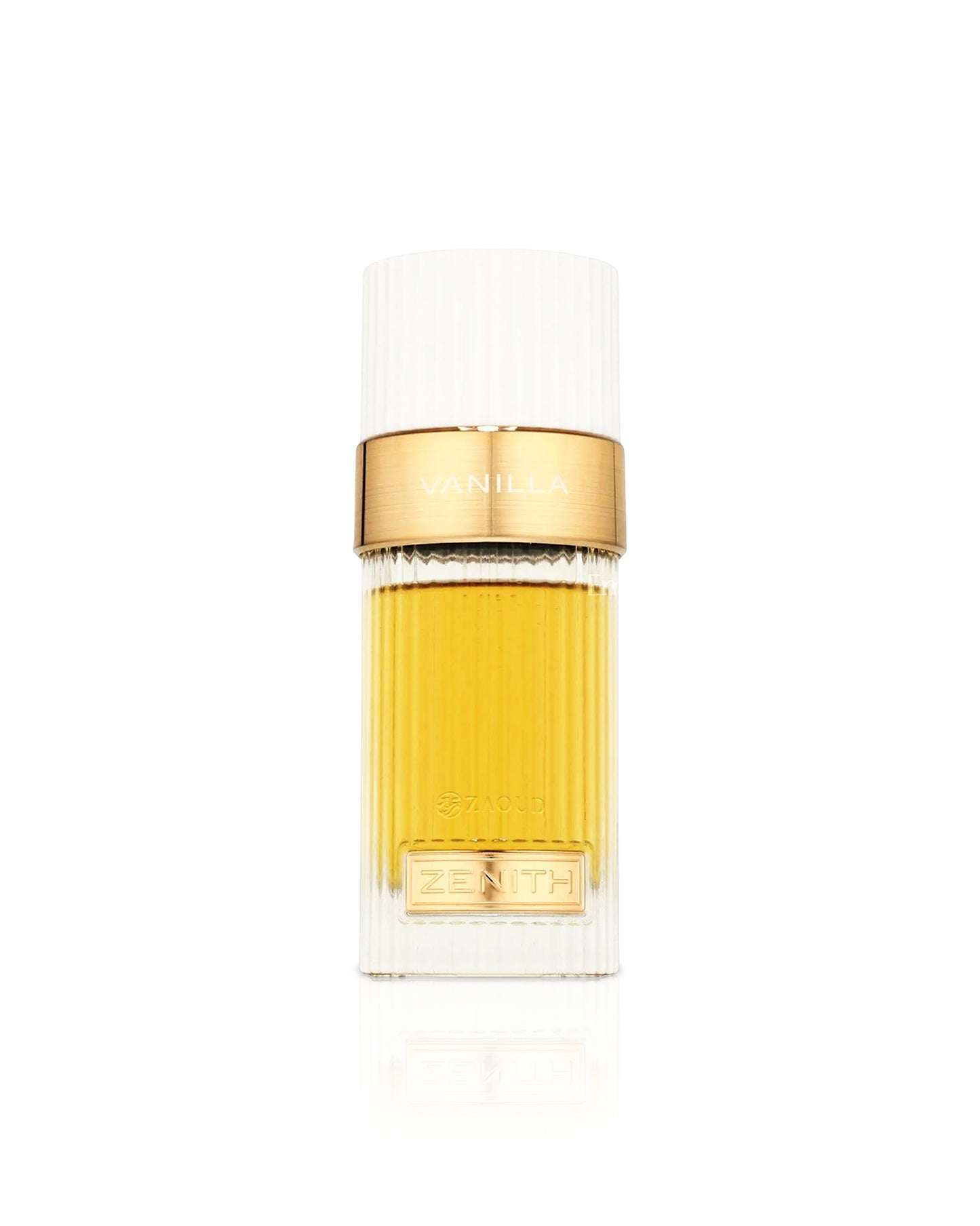 french avenue zenith vanilla Perfume bottle with gold cap and body on a white background