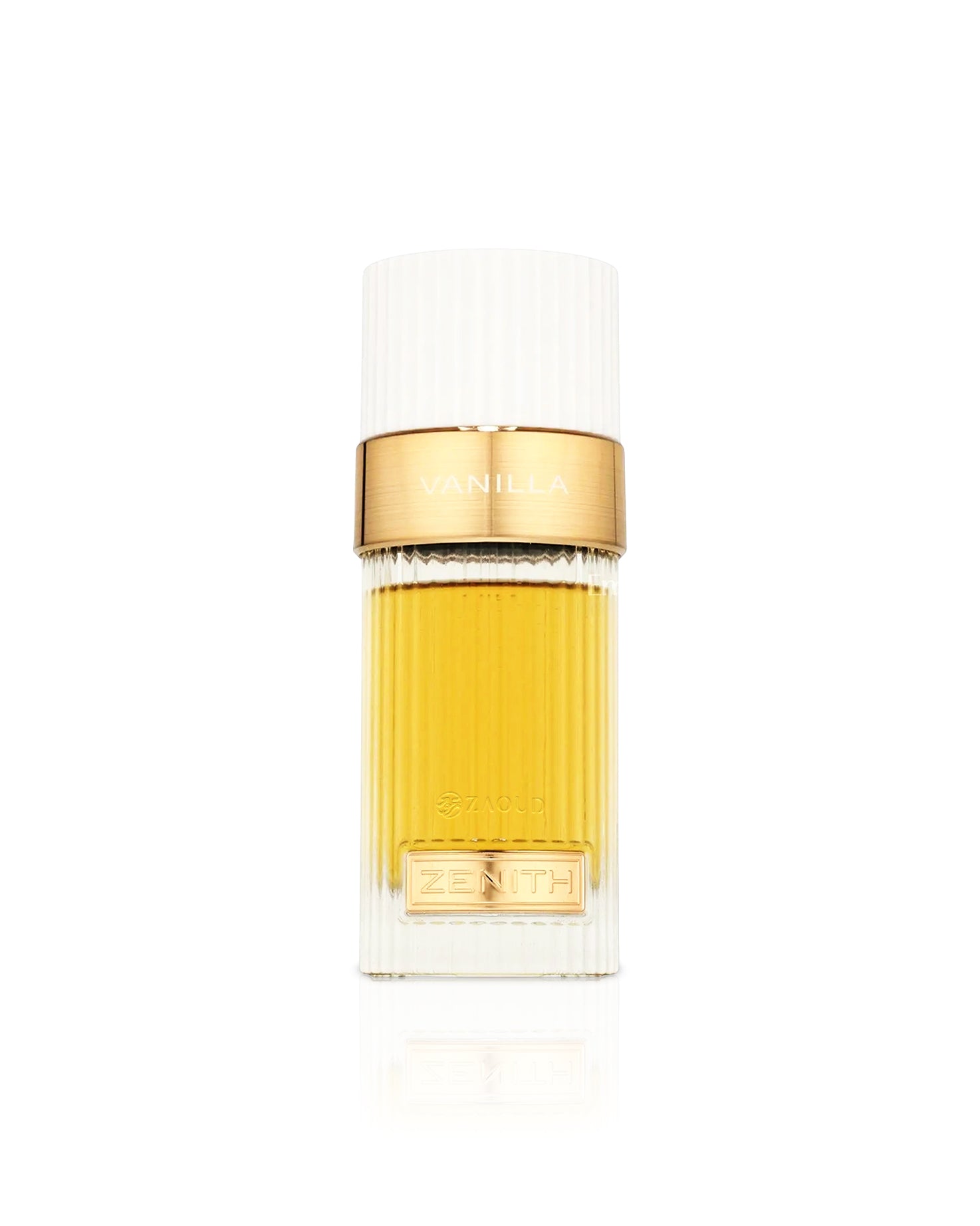 french avenue zenith vanilla Perfume bottle with gold cap and body on a white background