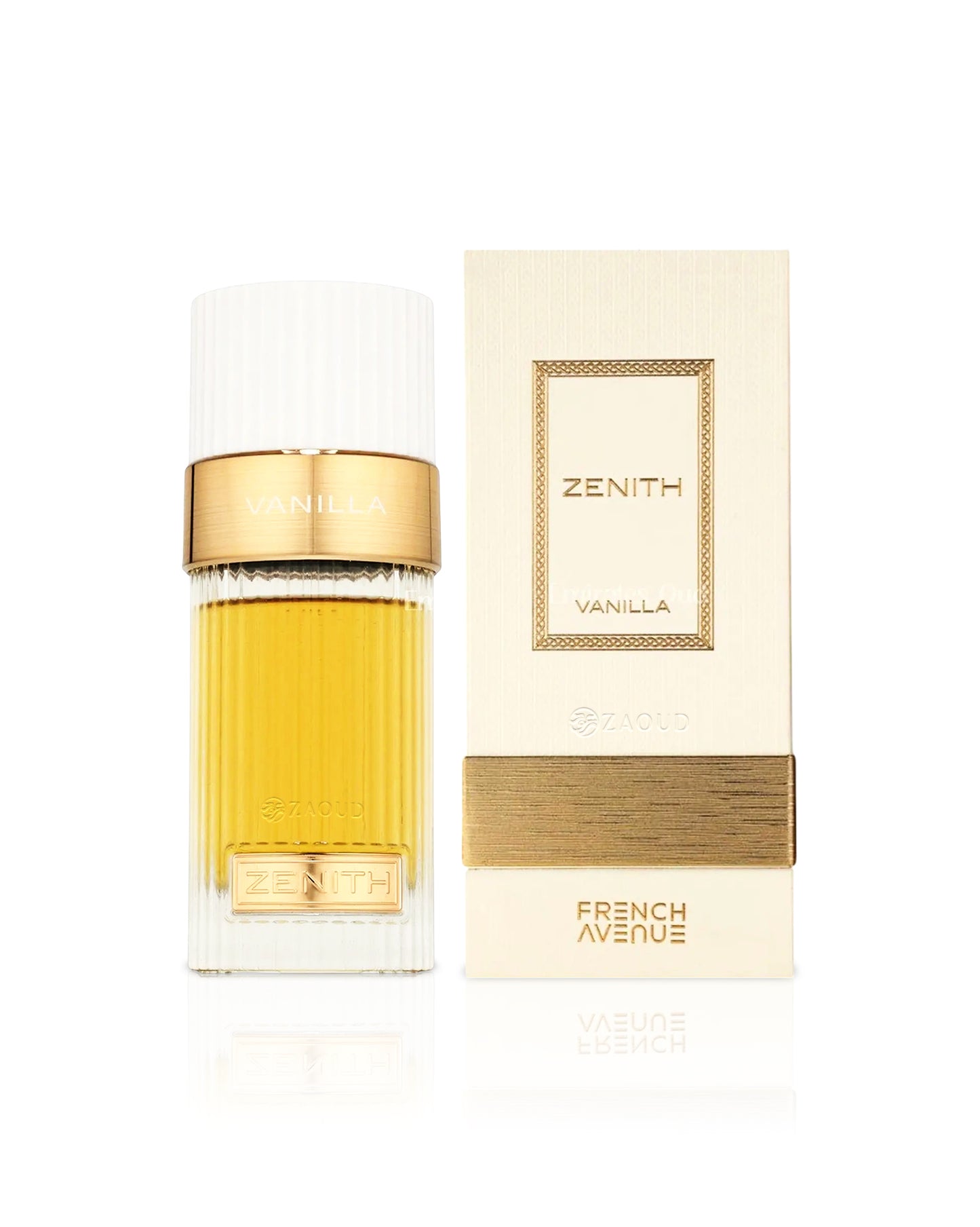 Perfume bottle and packaging of 'Zenith Vanilla' by French Avenue on a white background
