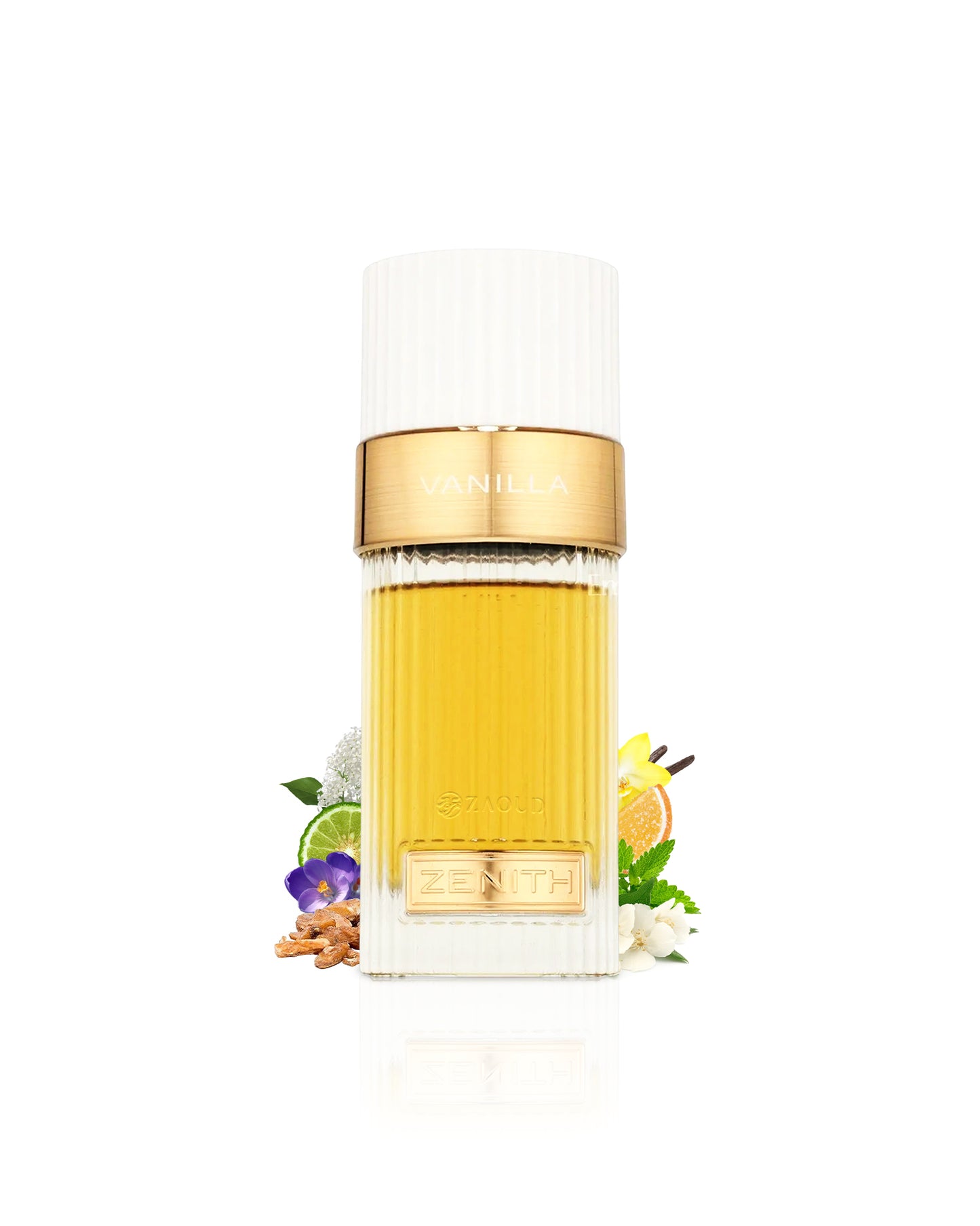 french avenue zenith vanilla Perfume bottle with decorative elements like vanilla and jasmine on a white background