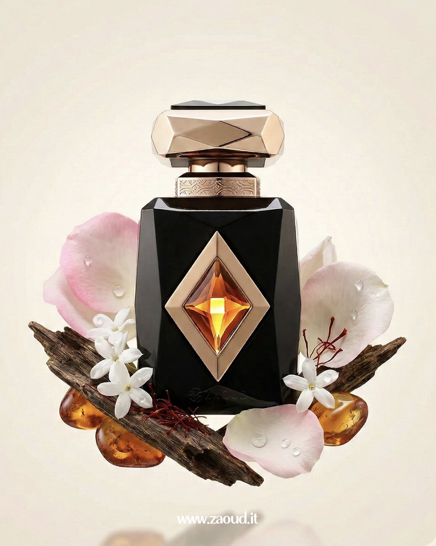 French Avenue Amber Saffron perfume bottle with saffron threads, spices, and woody notes representing a warm oriental saffron fragrance.