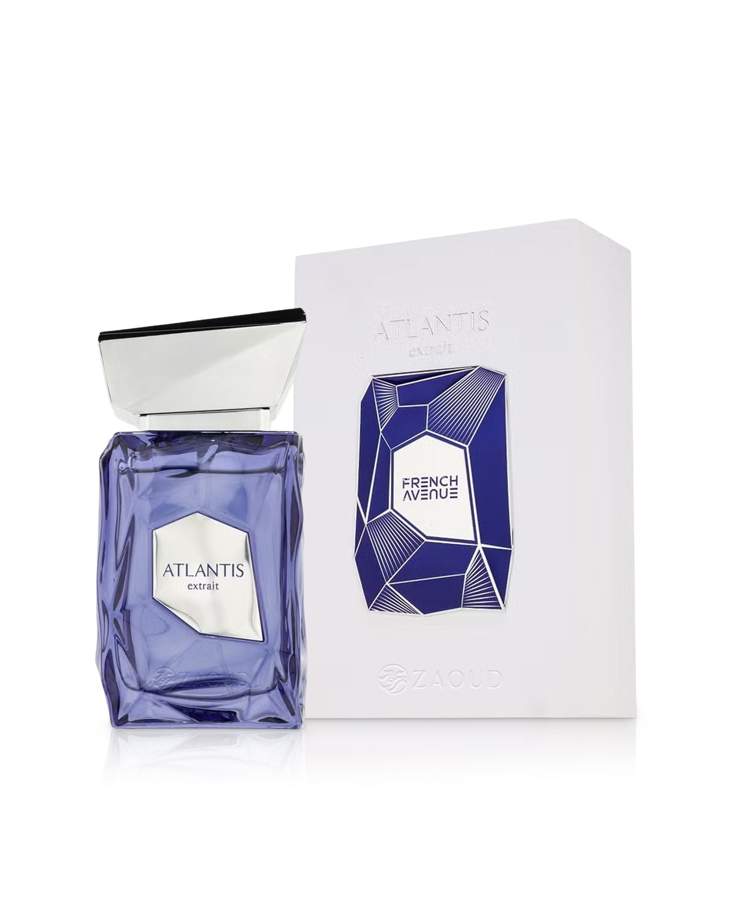 french avenue atlantis extrait lue perfume bottle shows beside packaging against white background