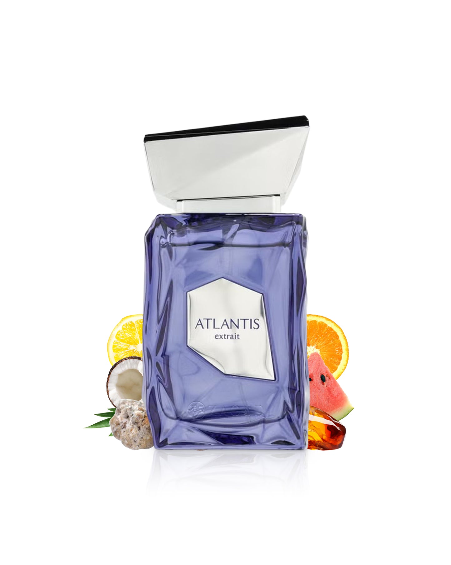 french avenue atlantis extrait lue perfume bottle surrounded by fragrance notes like coconut and watermelon shows against white background