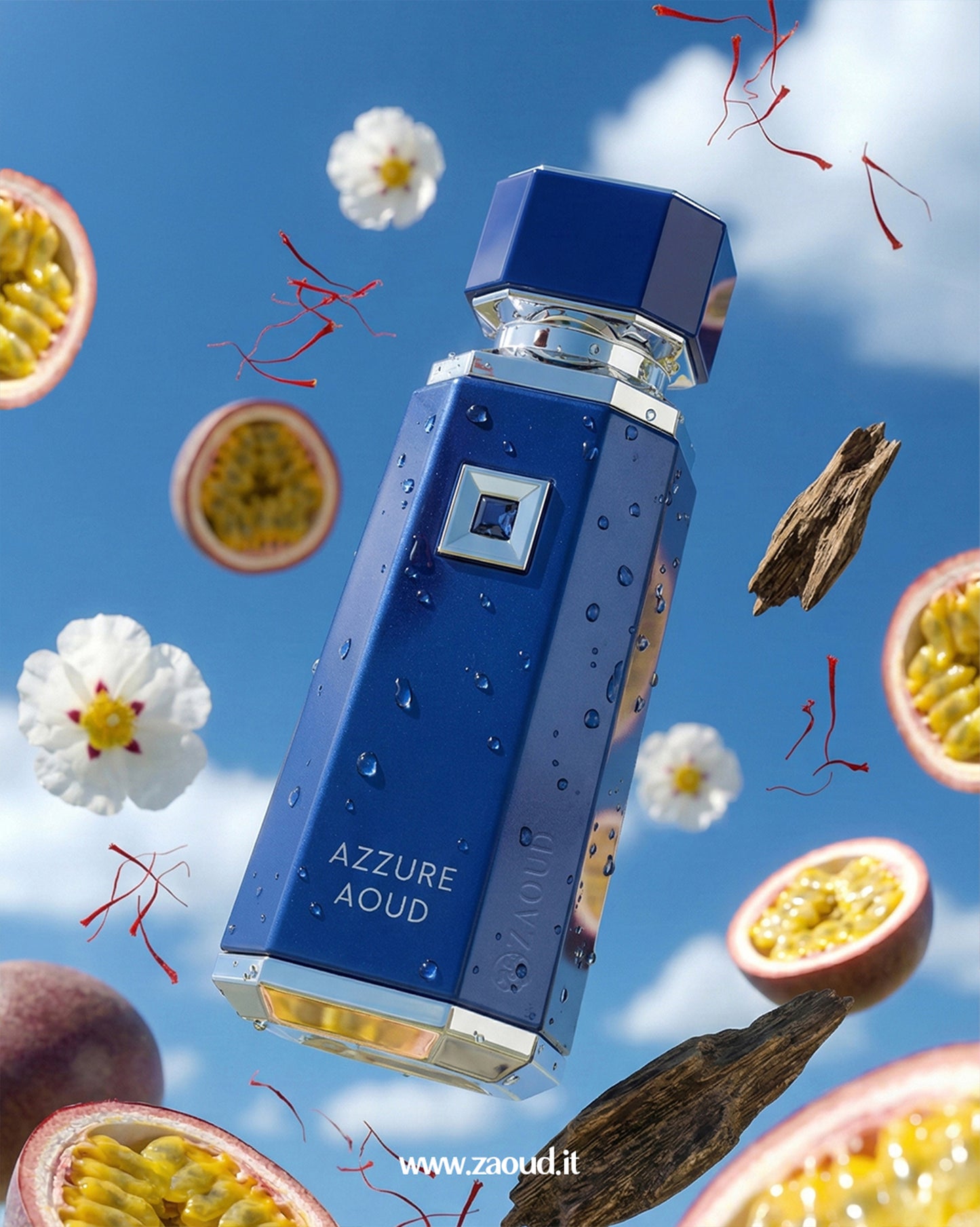 Blue Azzure Aoud perfume bottle with passion fruits and flowers on a blue background