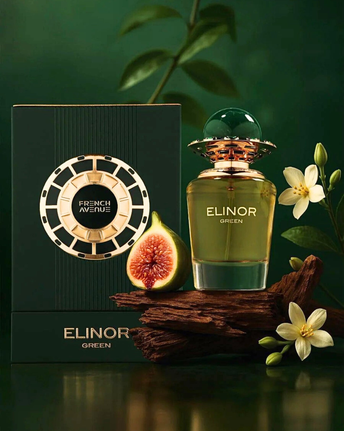 Elinor Green perfume bottle with packaging, fig, and flowers on a dark background