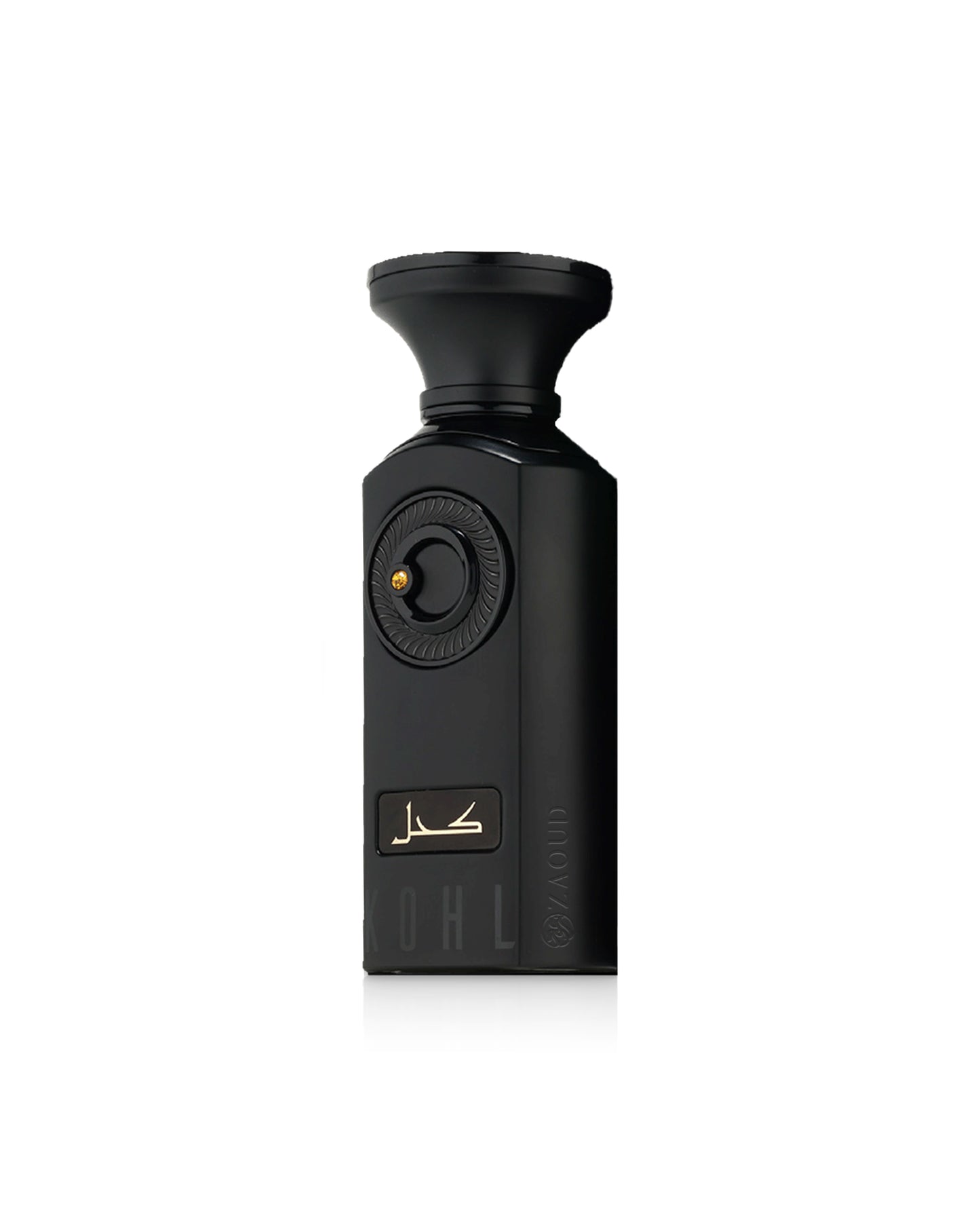 french avenue kohl perfume black bottle with gold accents on a white background
