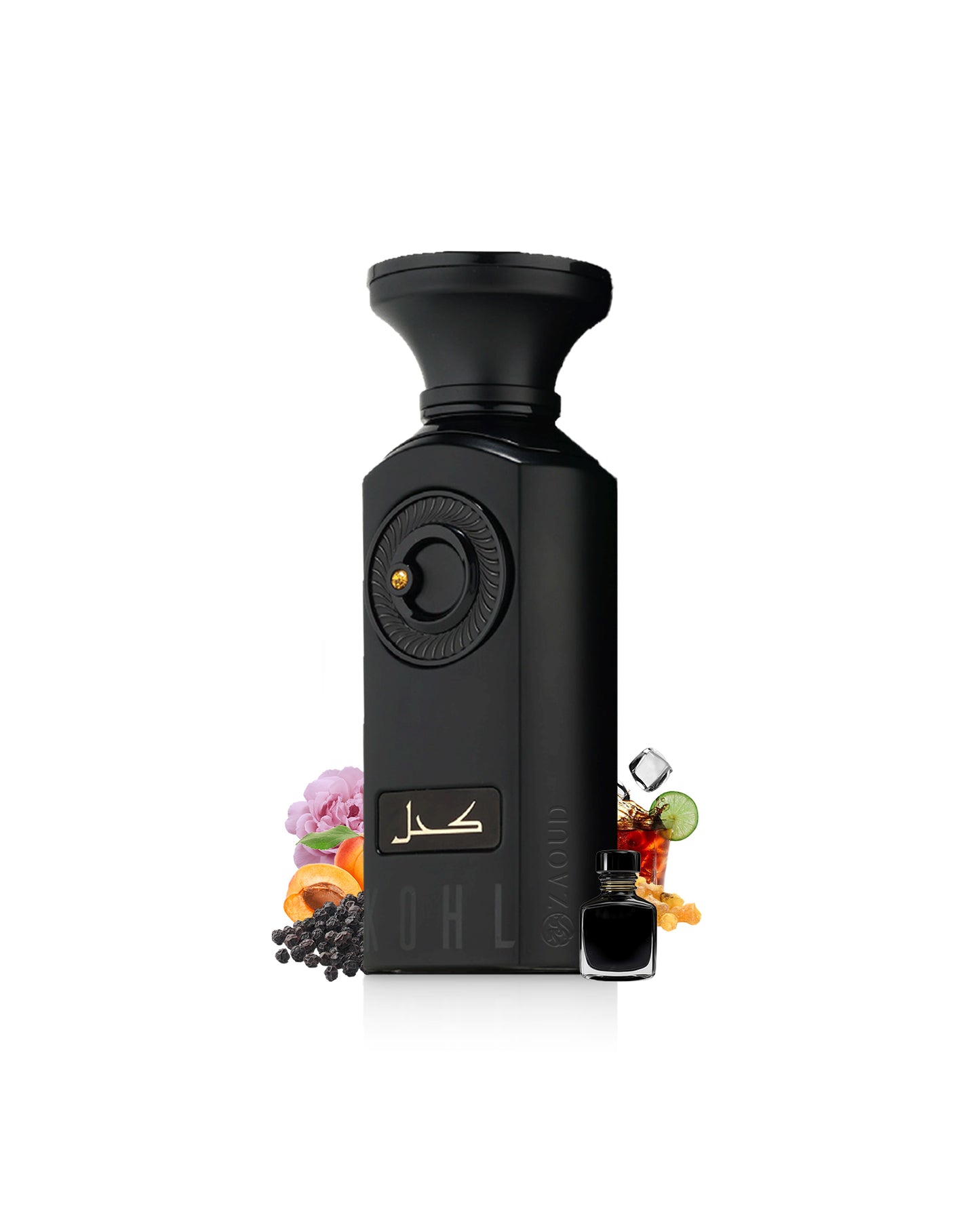 french avenue kohl perfume black bottle with decorative elements like ink bottle and pepper on a white background