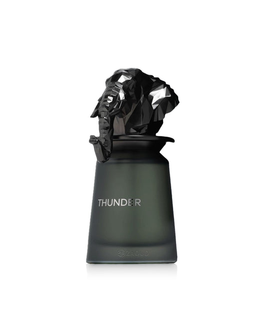 french avenue thunder Black sculpture on a green base with 'THUNDER' branding on a white background