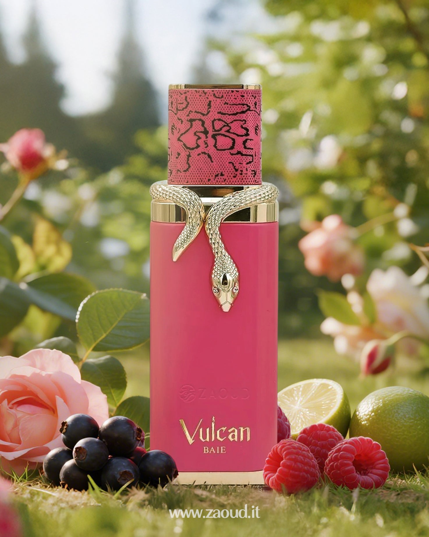 A bold pink perfume bottle named ‘Vulcan Baie’ by Fragrance World, crowned by a pink snakeskin-patterned cap. Surrounded by fresh raspberries, blackcurrants, limes, against a lush garden backdrop.