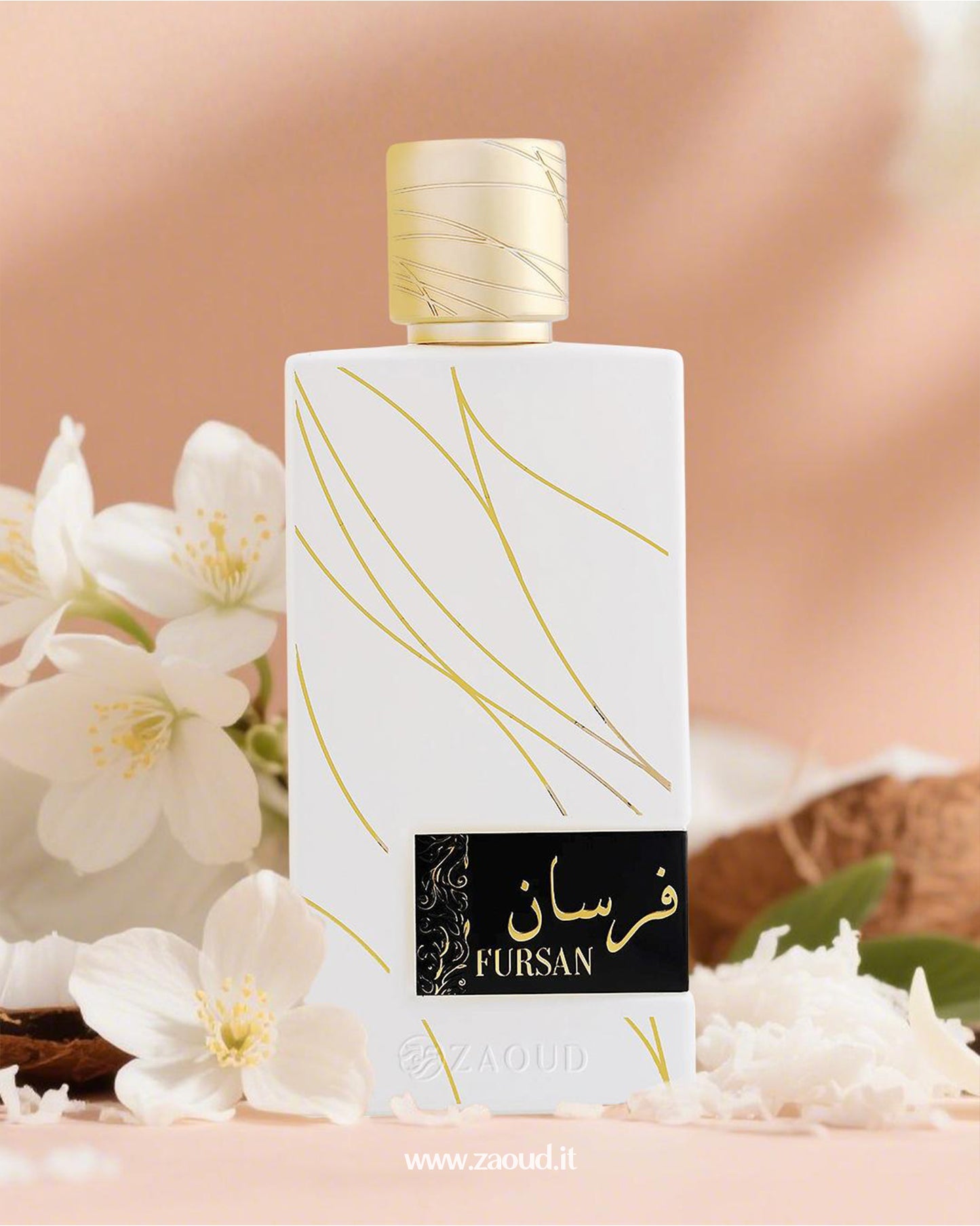 Fursan luxury perfume bottle with golden accents, showcasing an elegant Arabian fragrance design surrounded by white flowers on a soft pastel background.