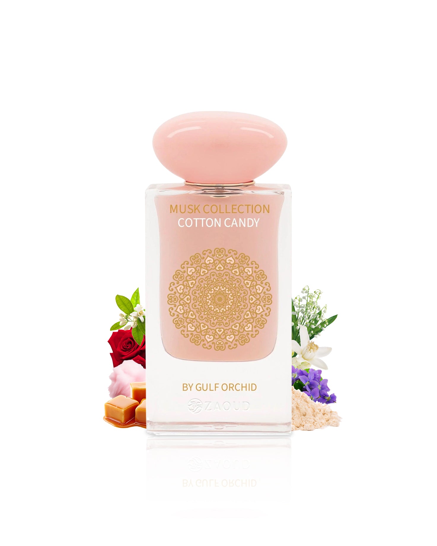 Perfume bottle labeled 'Cotton Candy' by Gulf Orchid with decorative elements like rose and caramel on a white background