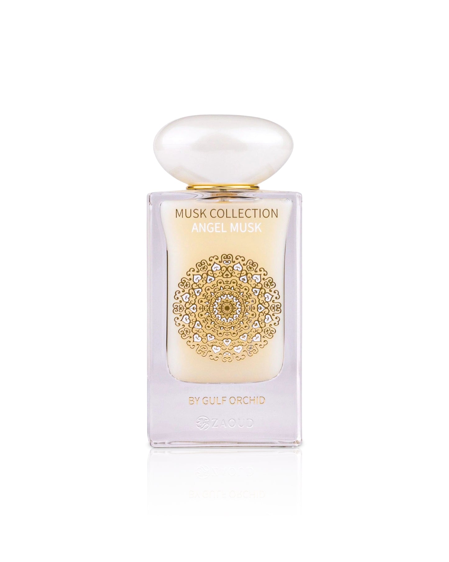 gulf orchid angel musk Perfume bottle with decorative label on a white background
