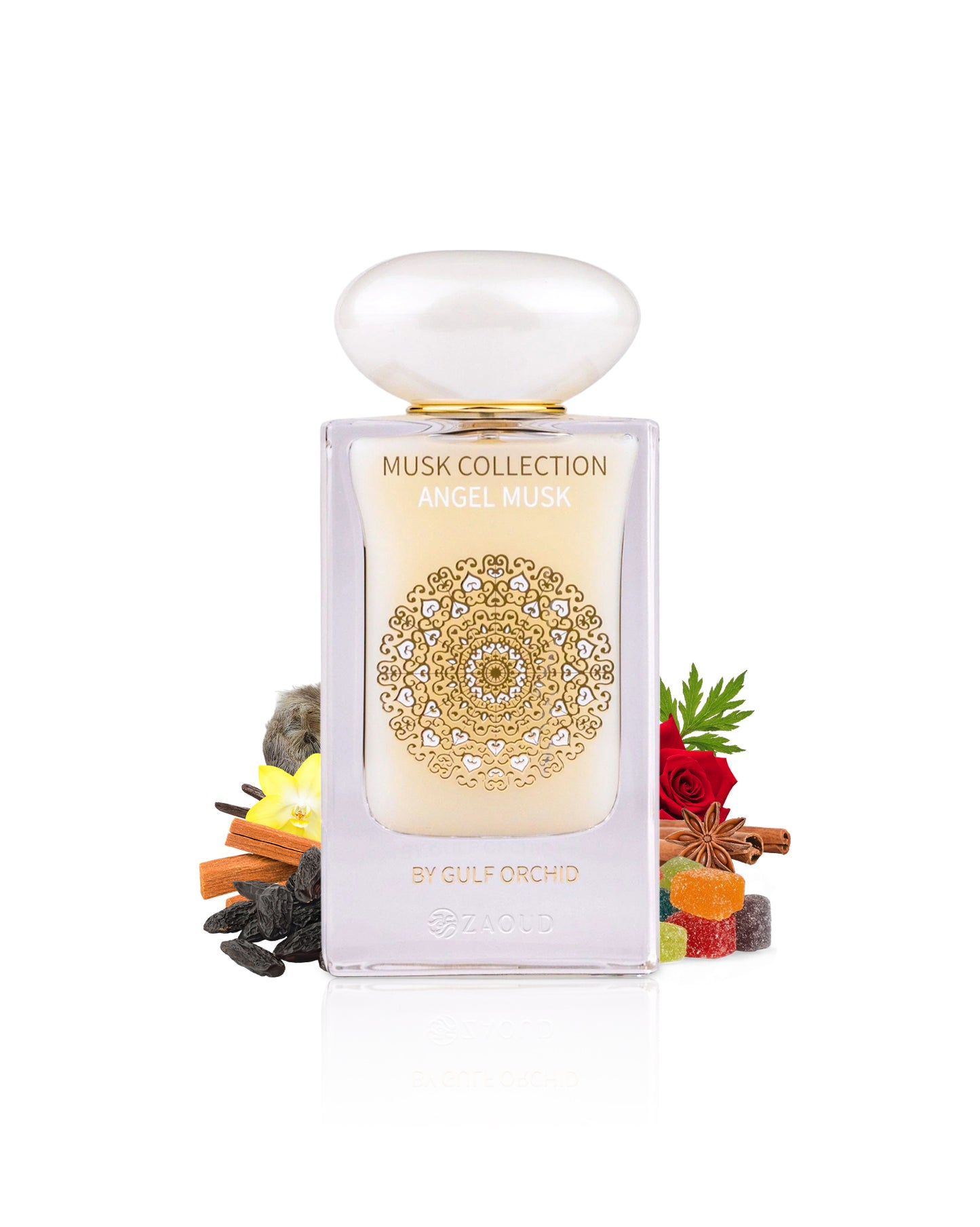 gulf orchid angel musk Perfume bottle with decorative elements like toffee and rose on a white background