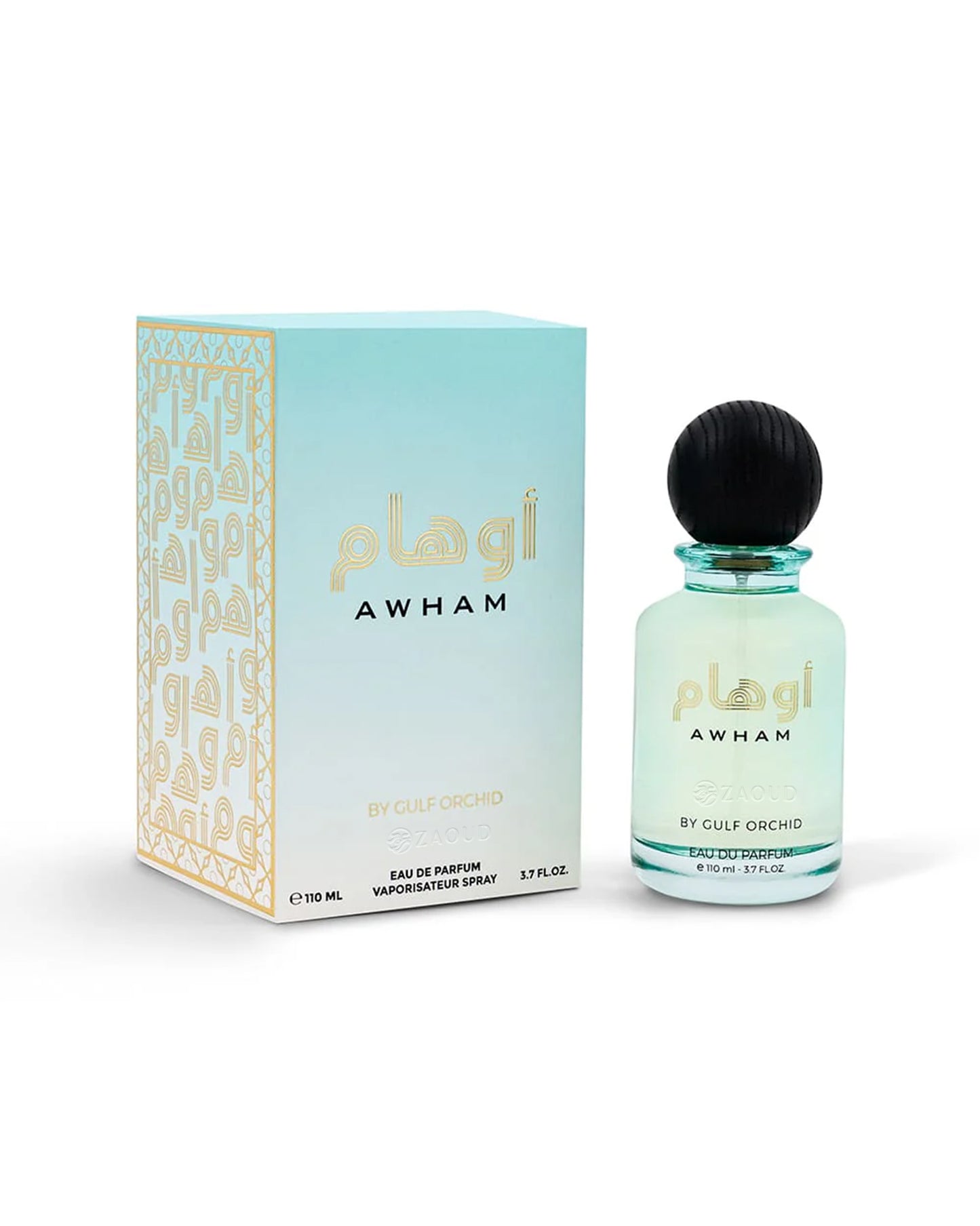 gulf orchid awham perfume bottle shows beside its packaging against white background