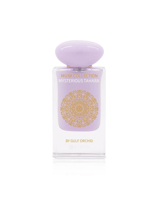 Perfume bottle labeled 'Mysterious Tahara' by Gulf Orchid on a white background
