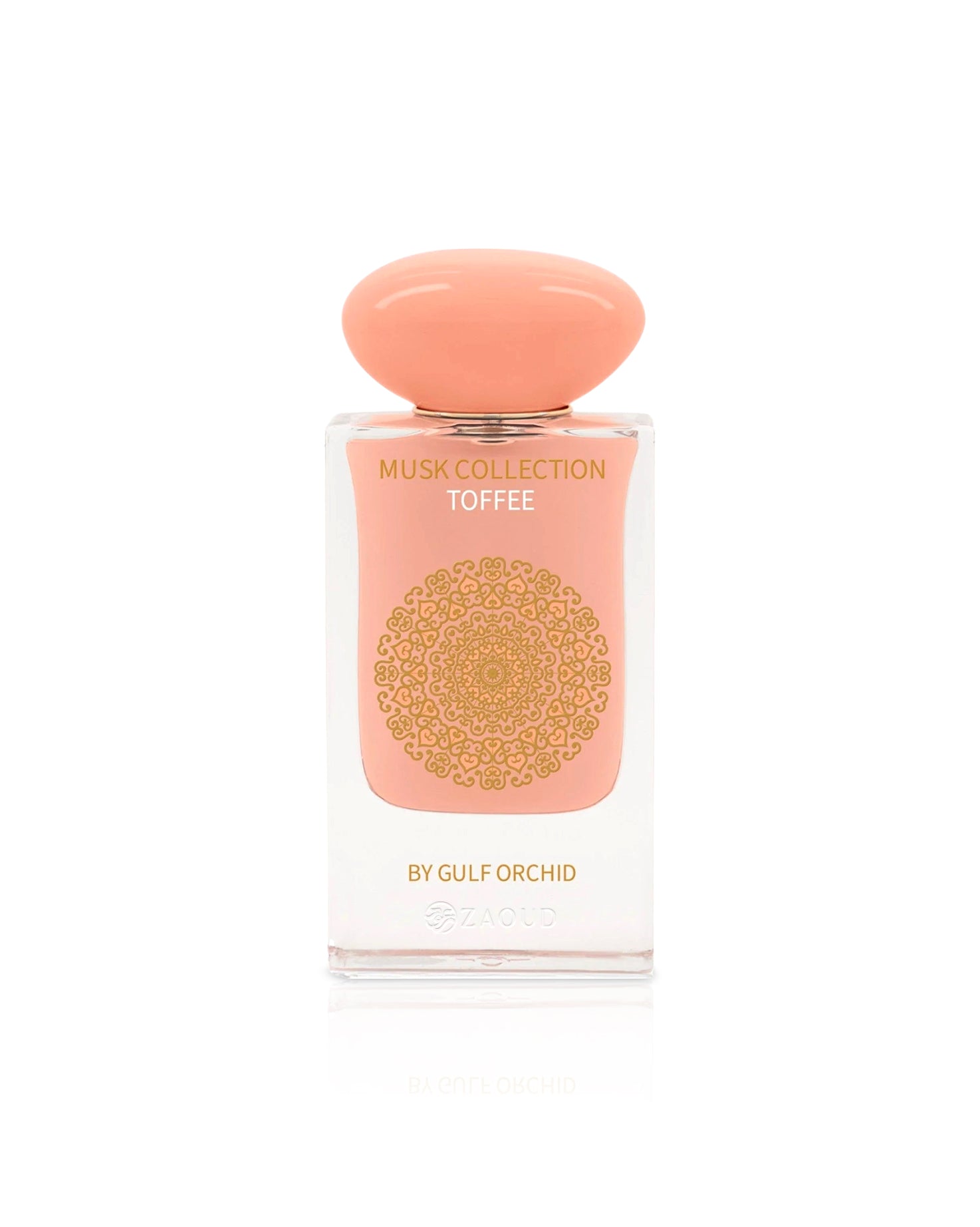 gulf orchid toffee Perfume bottle with pink cap and body on a white background