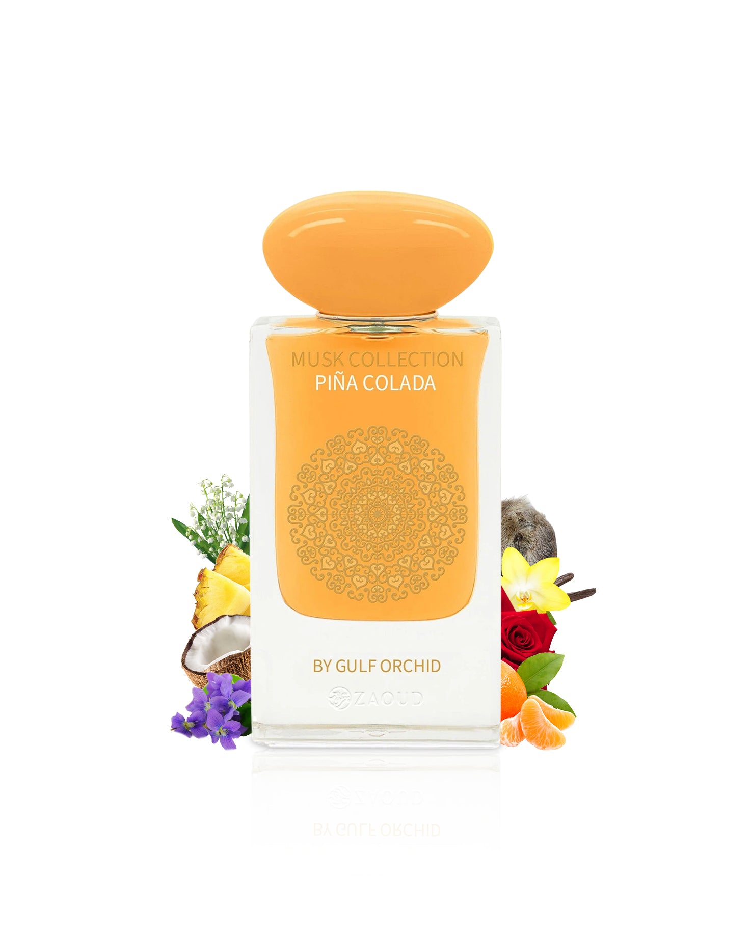 Perfume bottle labeled 'Pina Colada' by Gulf Orchid with decorative elements like orange and pineapple on a white background