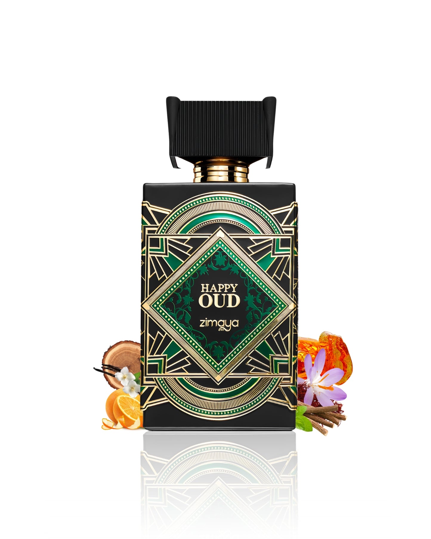 happy oud extrait de parfum by zimaya perfumes bottle surrounded with its ingredients like amber and orange beside many others shows from behind the bottle against white background
