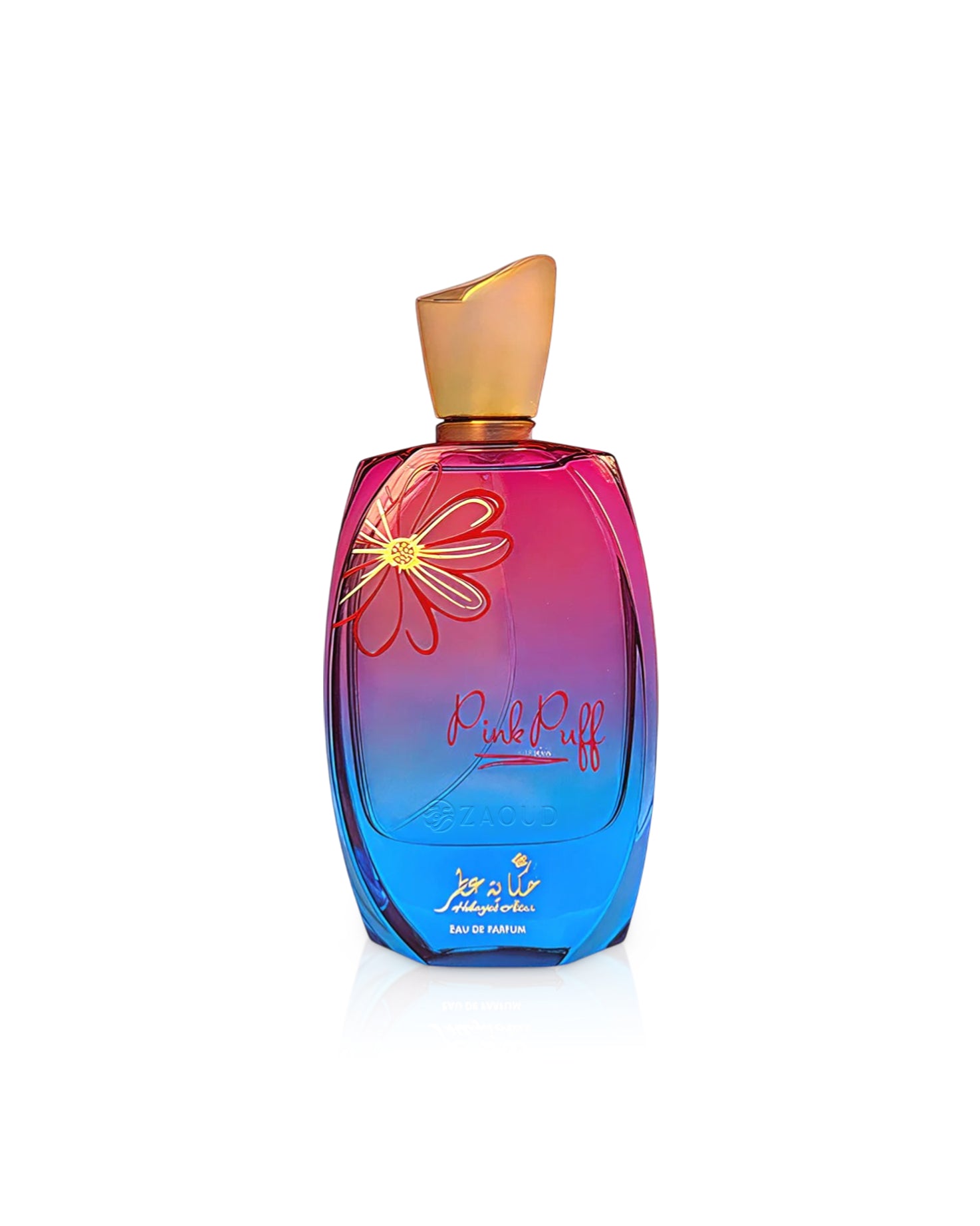 hekayat attar pinkpuff Perfume bottle with colorful design and floral element on a white background