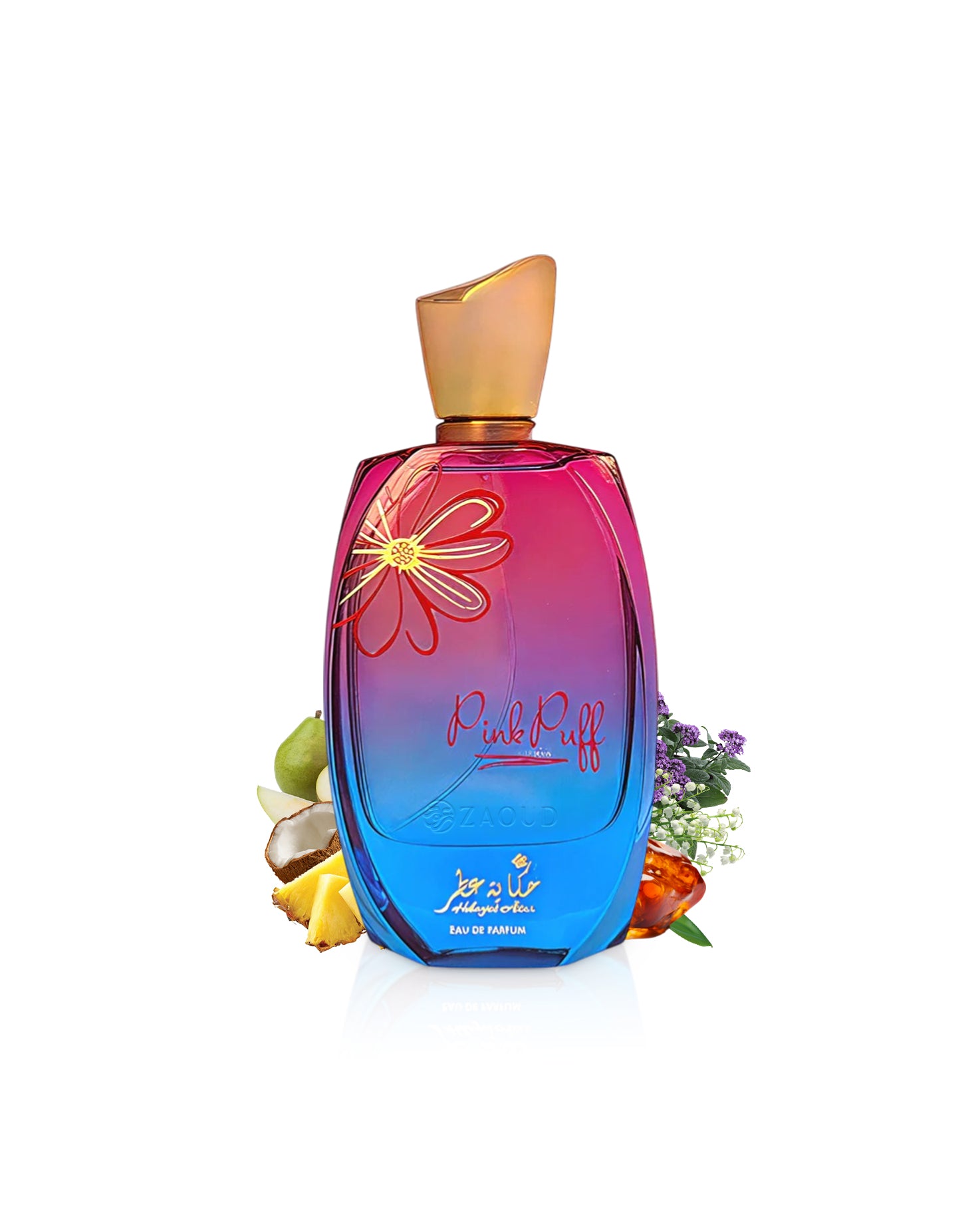 hekayat attar pinkpuff Colorful perfume bottle with floral design on a white background