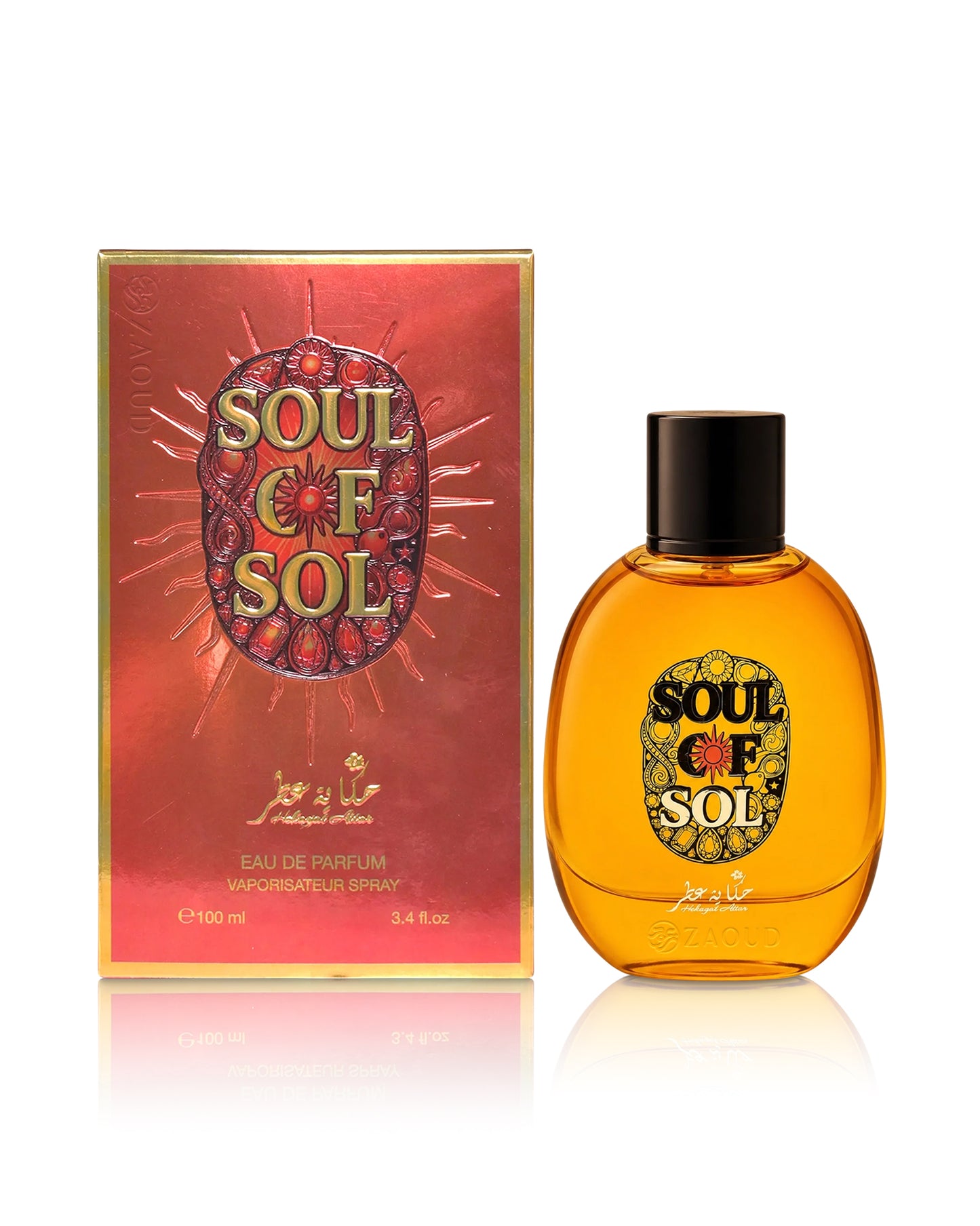 Soul of Sol by hekayat attar and its red packaging box, displayed on a clean white background with a soft reflection.