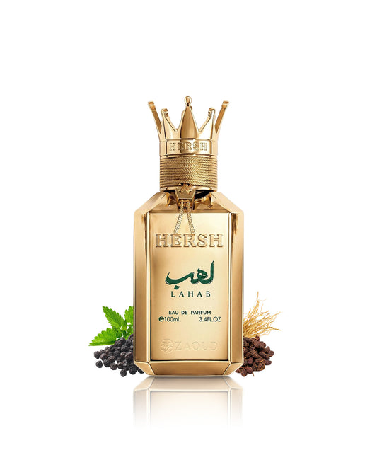 hersh lahab perfume bottle surrounded with fragrance notes like spices shows against white background