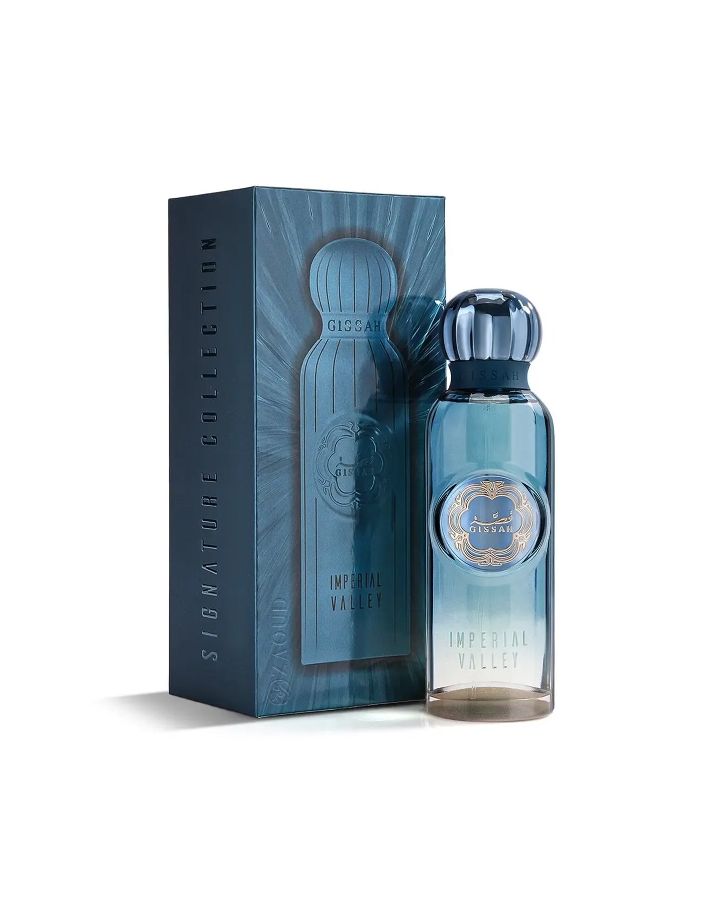 imperial valley by gissah perfume bottle shows beside its box against white background