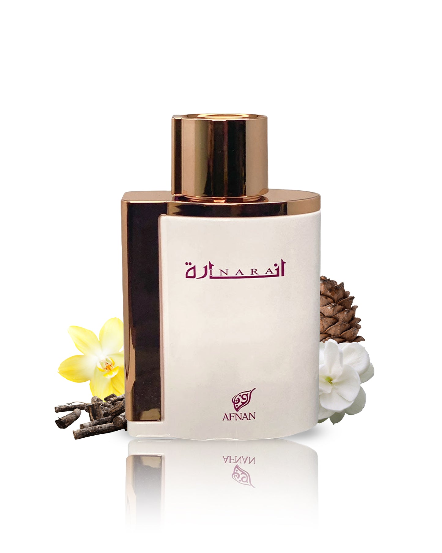 inara white eau de parfum perfume bottle surrounded by vanilla jasmine against white background