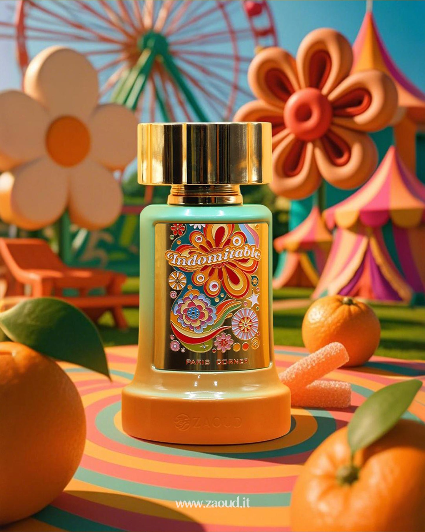 Indomitable Paris Corner fragrance with a vibrant floral bottle design, featuring a golden cap and colorful, playful patterns. Perfect for those seeking a bold, vibrant scent with a touch of fun and elegance.