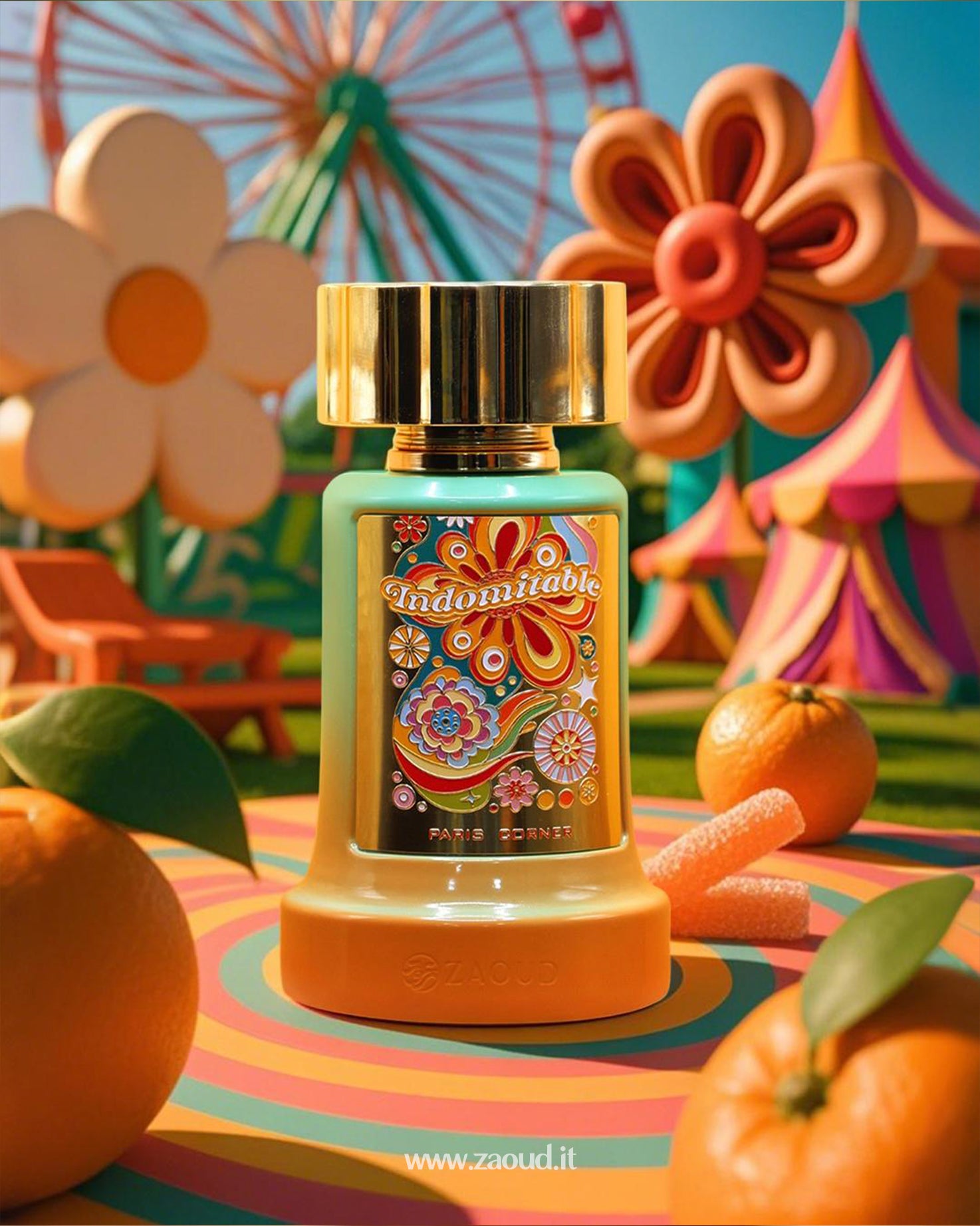 Indomitable Paris Corner fragrance with a vibrant floral bottle design, featuring a golden cap and colorful, playful patterns. Perfect for those seeking a bold, vibrant scent with a touch of fun and elegance.