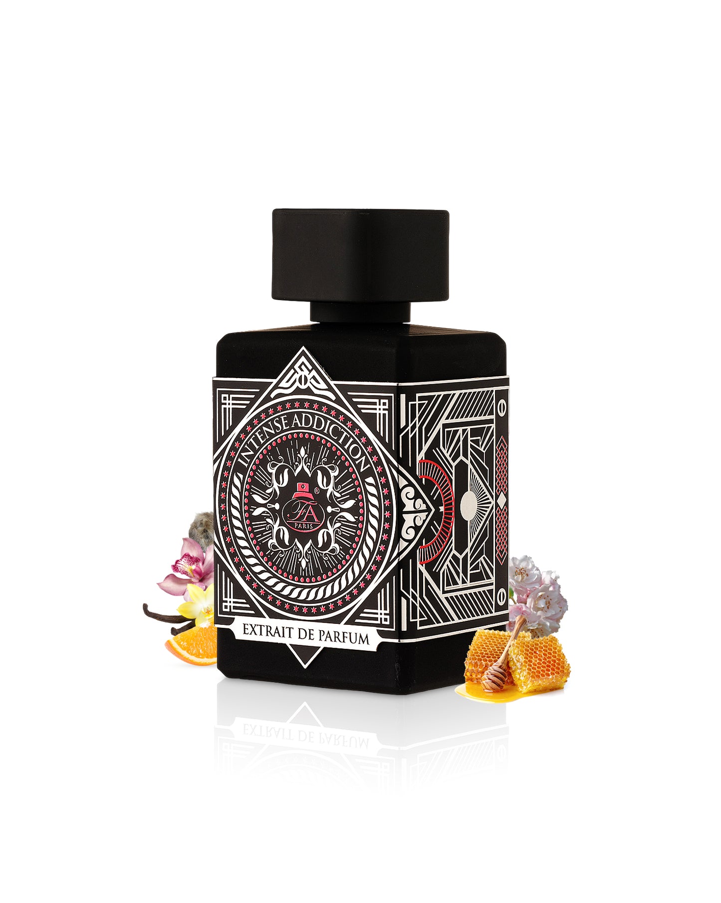 intense addiction perfume bottle surrounded with fragrance notes like honey and orange shows from behind the bottle against white background
