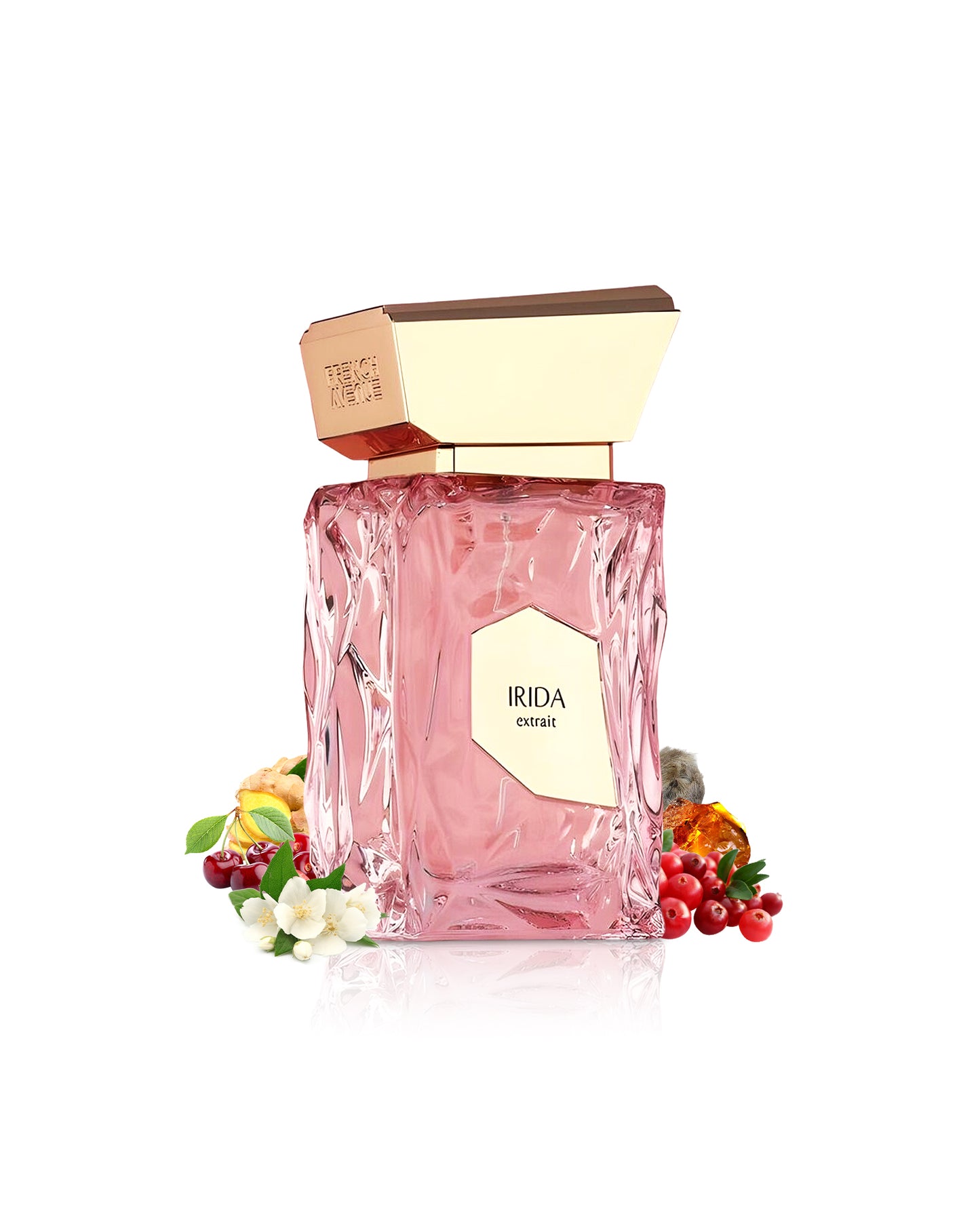 french avenue irida extrait de parfum bottle surrounded with its ingredients like cherry and jasmine with many others like amber shows from behind the bottle against white background