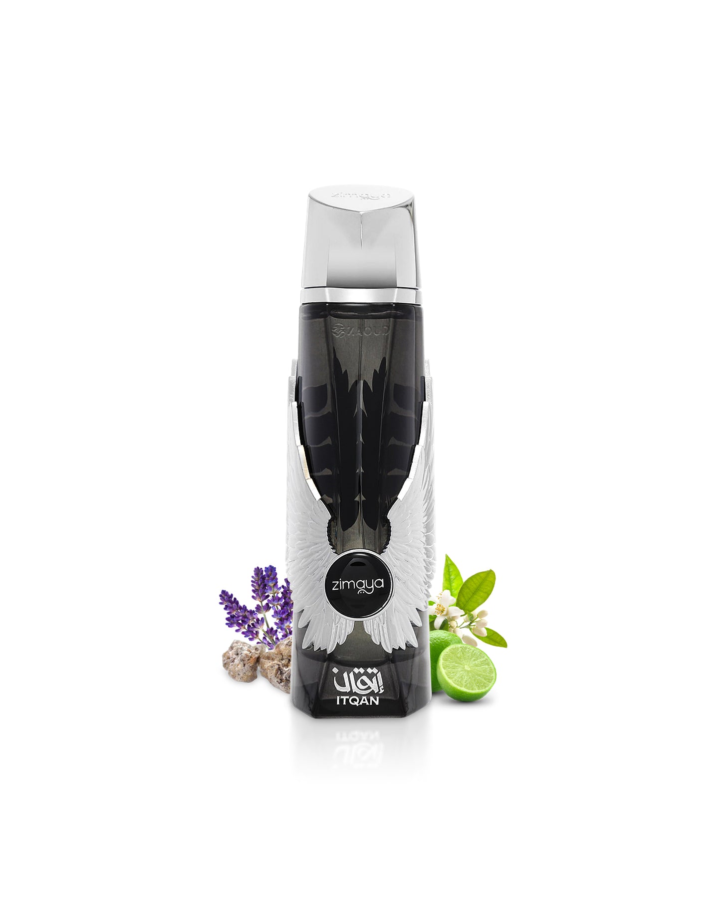 zimaya itqan noir Black bottle with silver cap on a white background, featuring the brand 'Zimaya'.