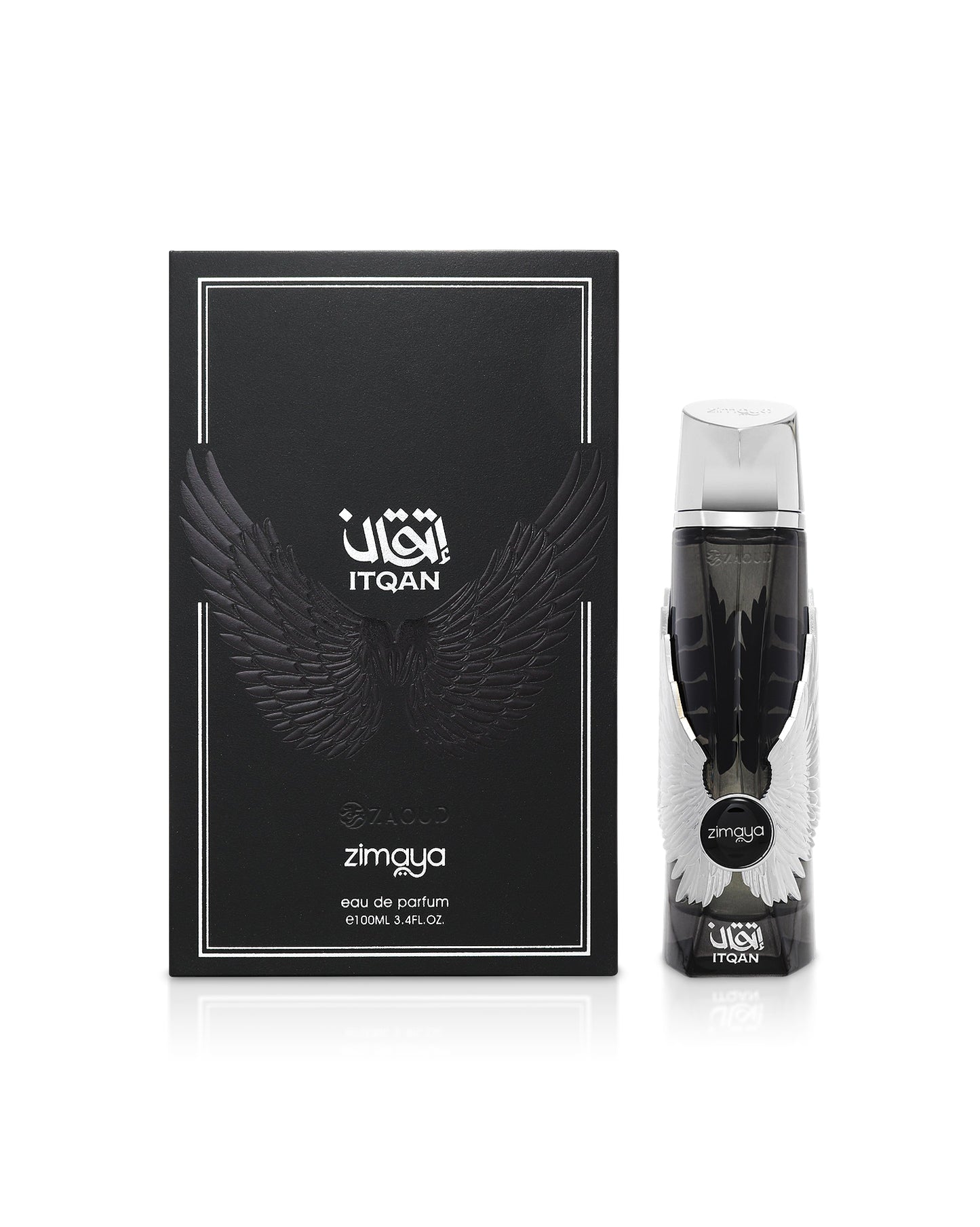 zimaya itqan noir perfume bottle and packaging on a white background