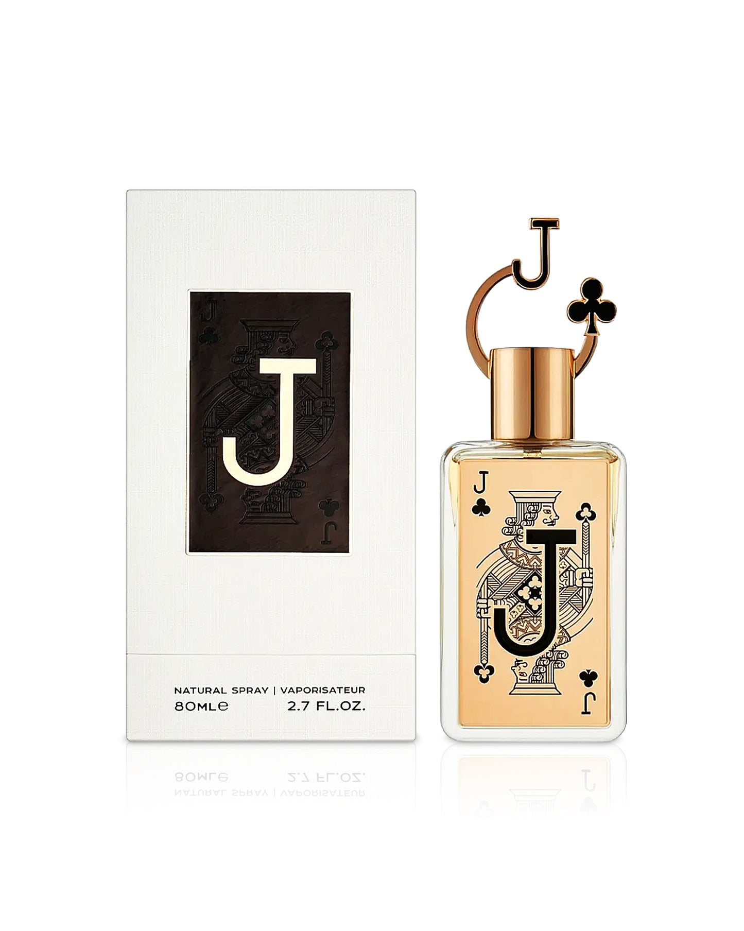 Fragrance world jack of clubs Perfume bottle with decorative label and matching box on a white background