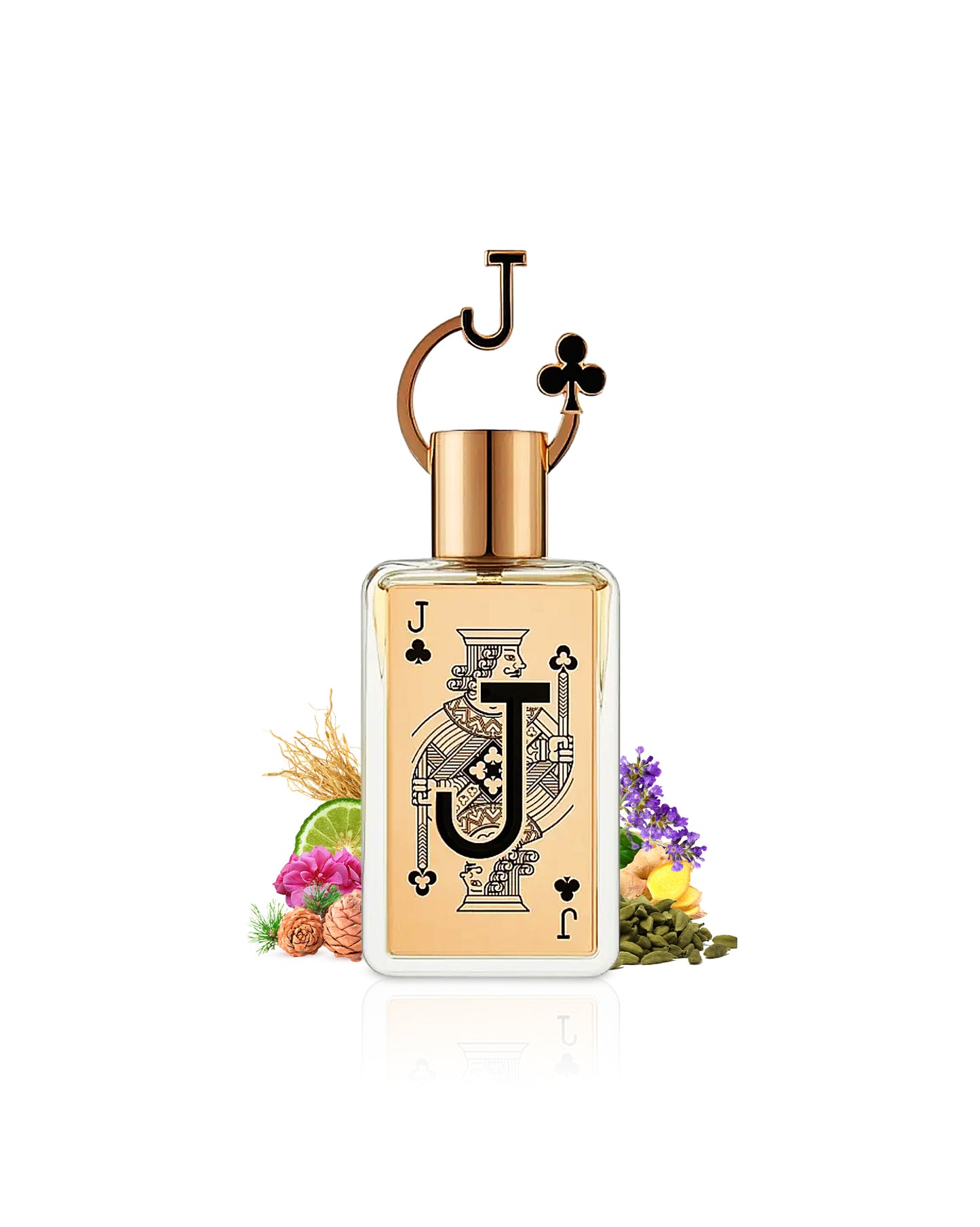 Fragrance world jack of clubs Perfume bottle with playing card design surrounded by cardamom and ginger on a white background