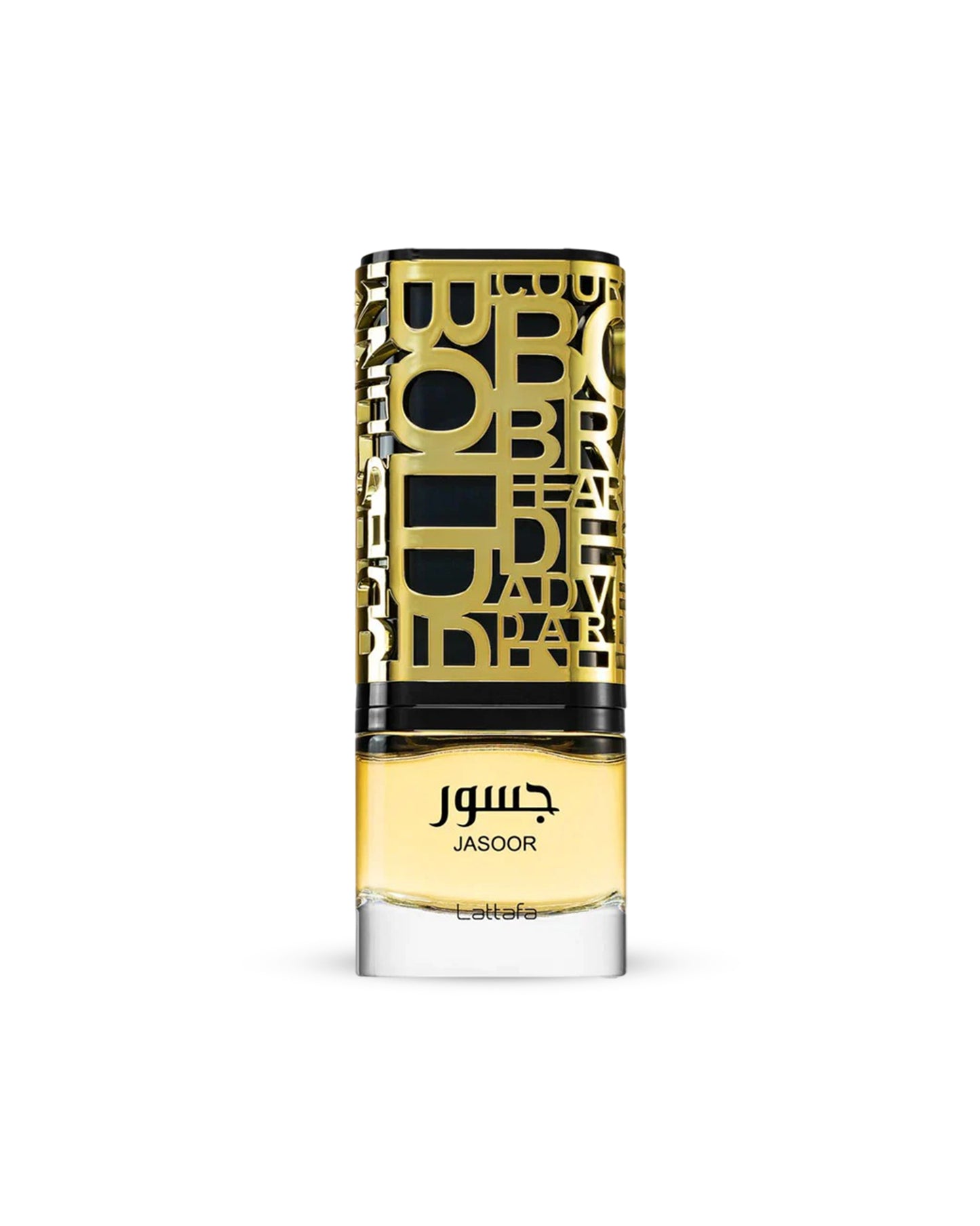 Lattafa jasoor Perfume bottle with gold and black label on a white background
