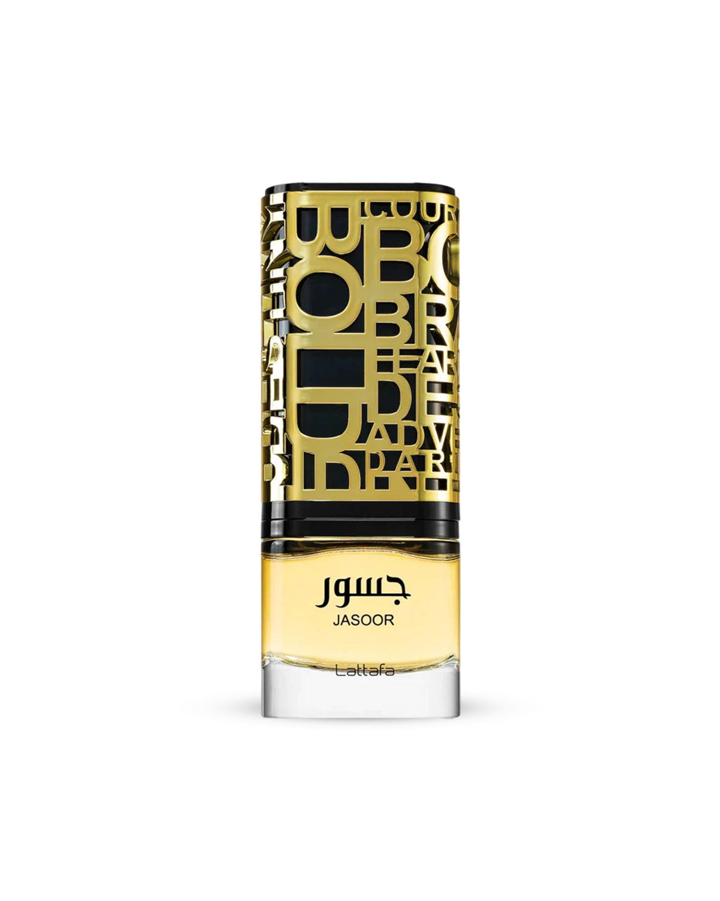 Lattafa jasoor Perfume bottle with gold and black label on a white background