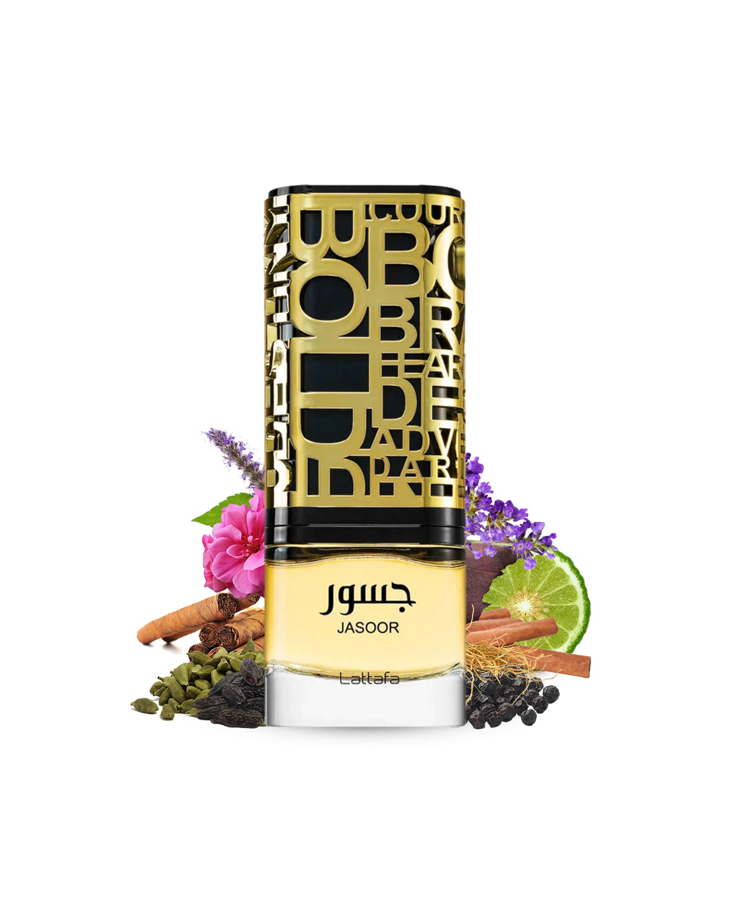 Lattafa jasoor Perfume bottle with gold label and decorative elements like spices and peony on a white background