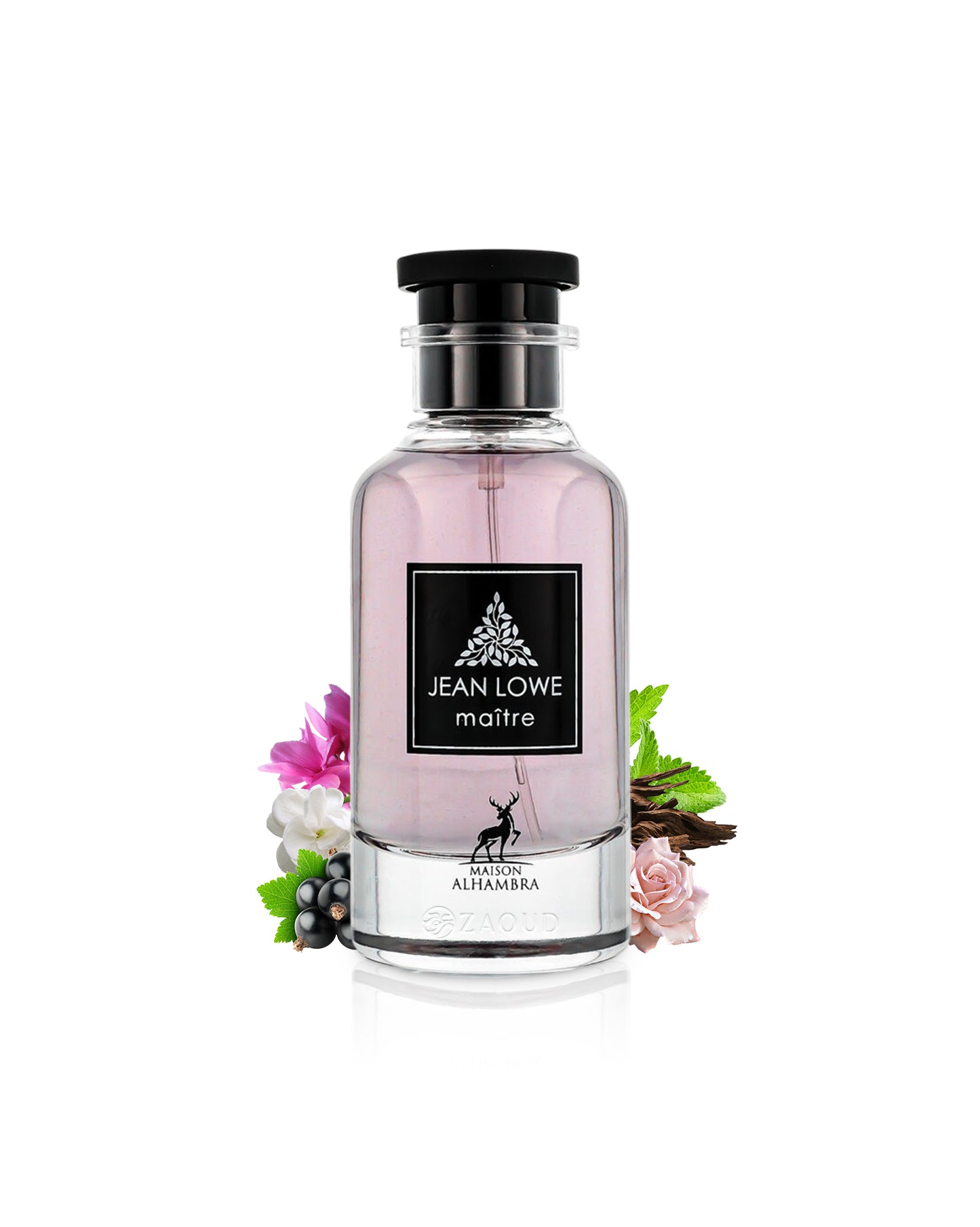 jean lowe maitre perfume bottle surrounded with fragrance notes like patchouli and rose shows against white background