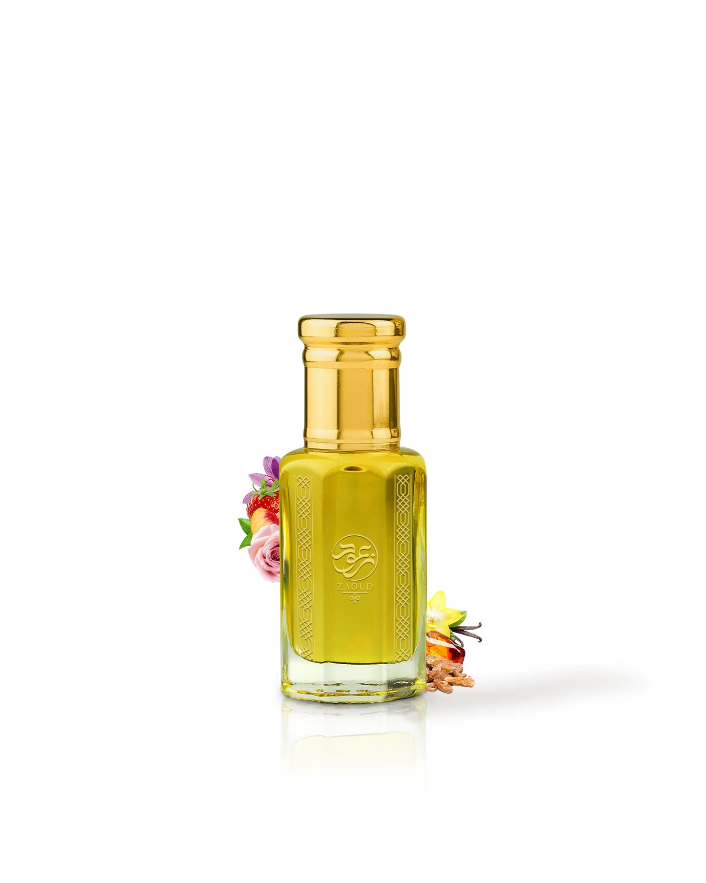 kaftan perfume oil bottle surrounded by fragrance notes like amber and rose shows from behind the bottle against white background