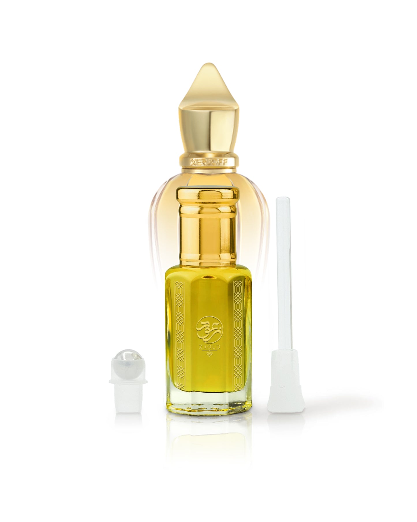 kaftan perfume oil bottle with la capitale xerjoff perfume bottle behind shows against white background