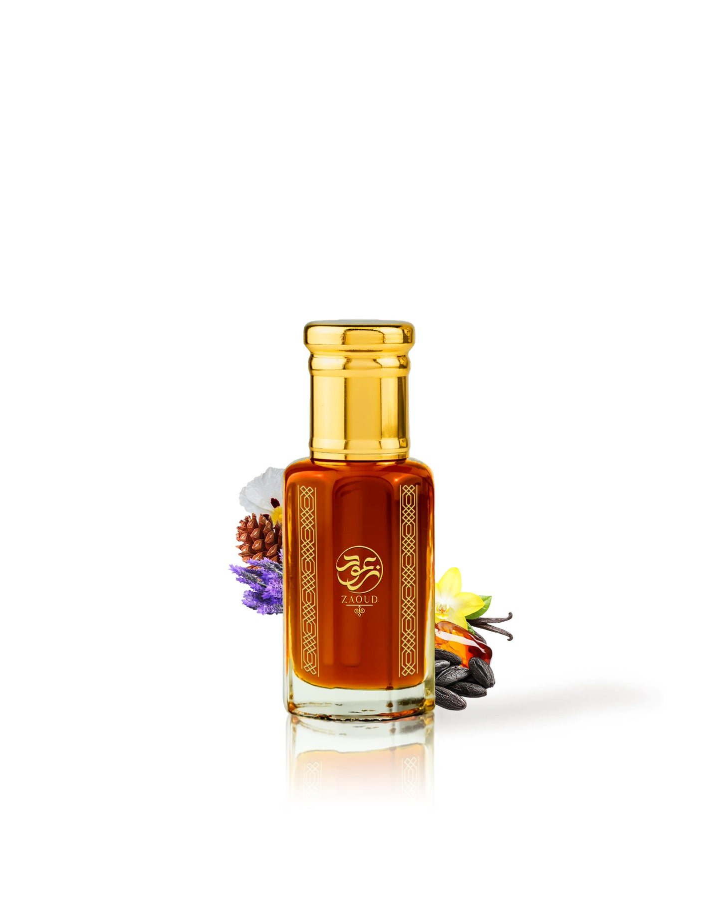 kahrab perfume oil bottle surrounded with fragrance notes like amber and lavender shows from behind the bottle against white background