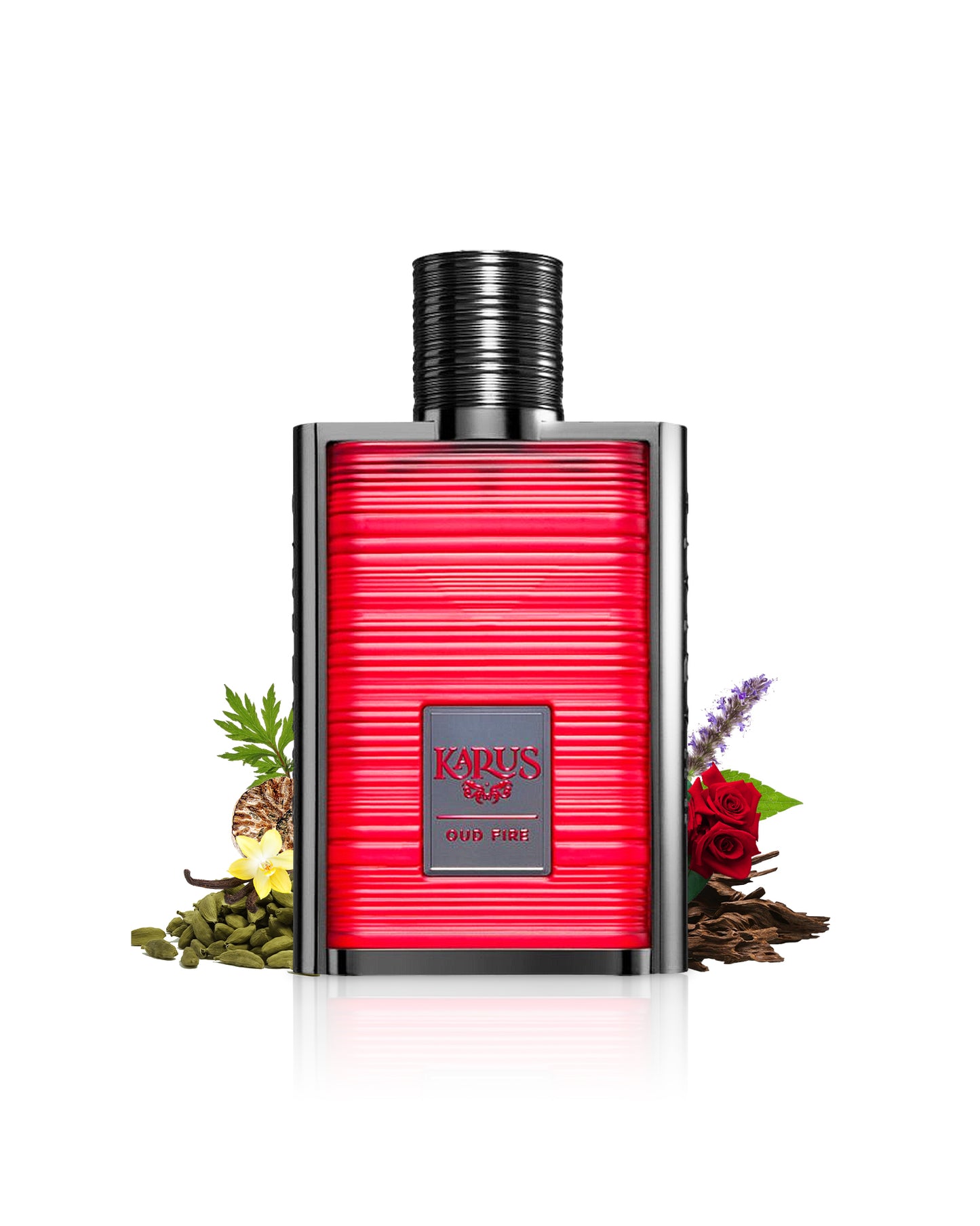 karus oud fire by khadlaj perfume bottle surrounded with its ingredients like cardamom and vanilla shows from behind the bottle against white background