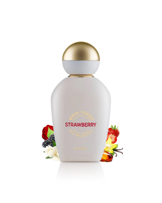 A white bottle of White Forest Strawberry by khadlaj, featuring a metallic gold spherical cap and gold lettering, styled with fresh strawberries, blackberries, and vanilla flowers on a white background.
