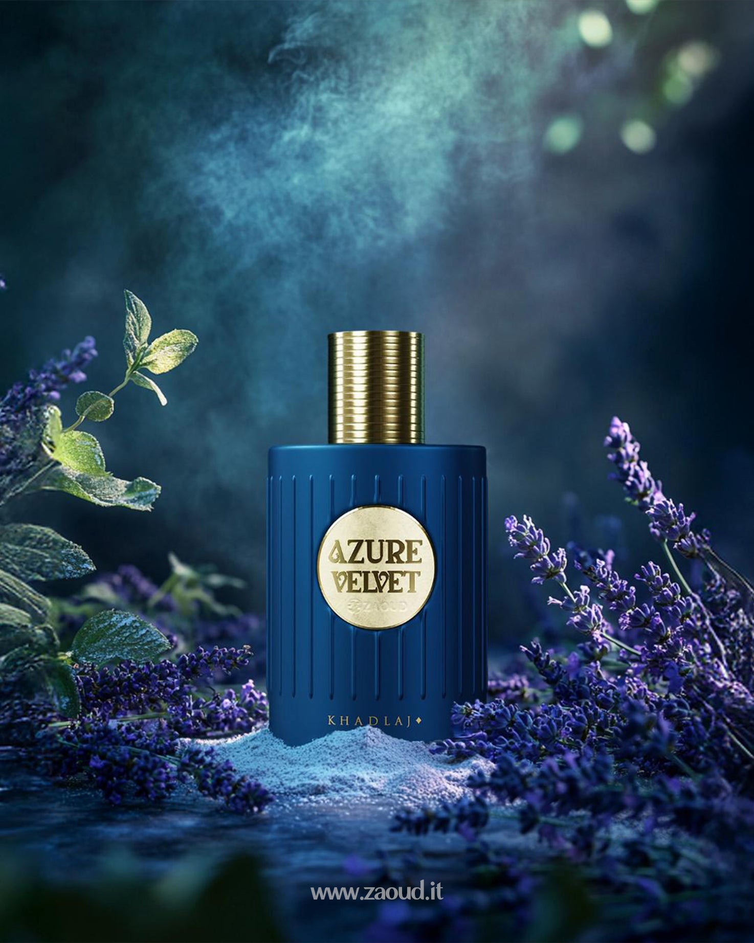 khadlaj azure velvet perfume bottle photograph beside lavender and blue powders ar surface against smoky background
