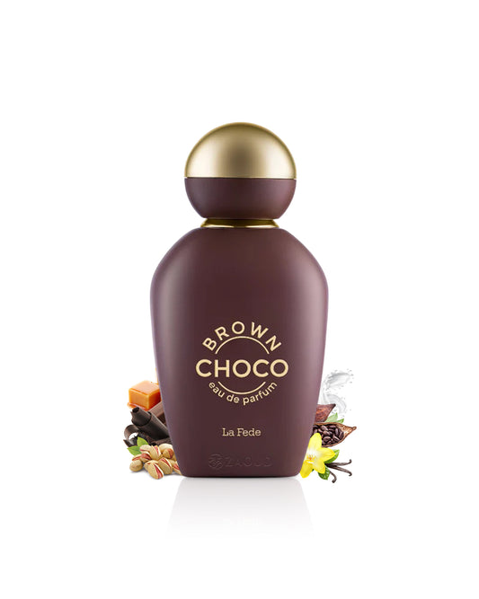 A brown perfume bottle labeled khadlaj 'BROWN CHOCO' with a metallic gold cap, shown on a white background with chocolate and nut ingredients arranged around the base.